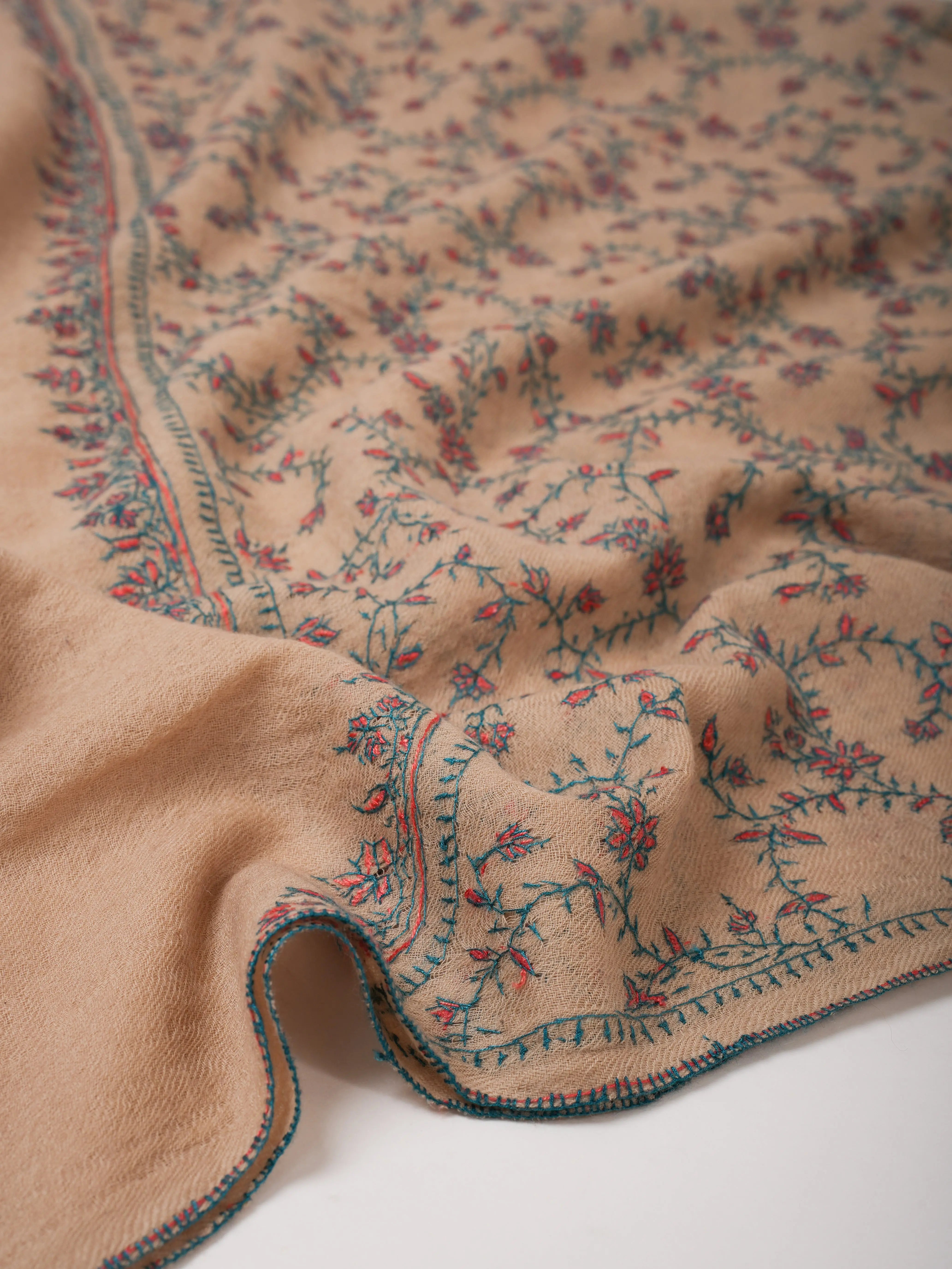 Natural Tea Dyed Boiled Wool Shawl with Hand Embroidery Shahkaar