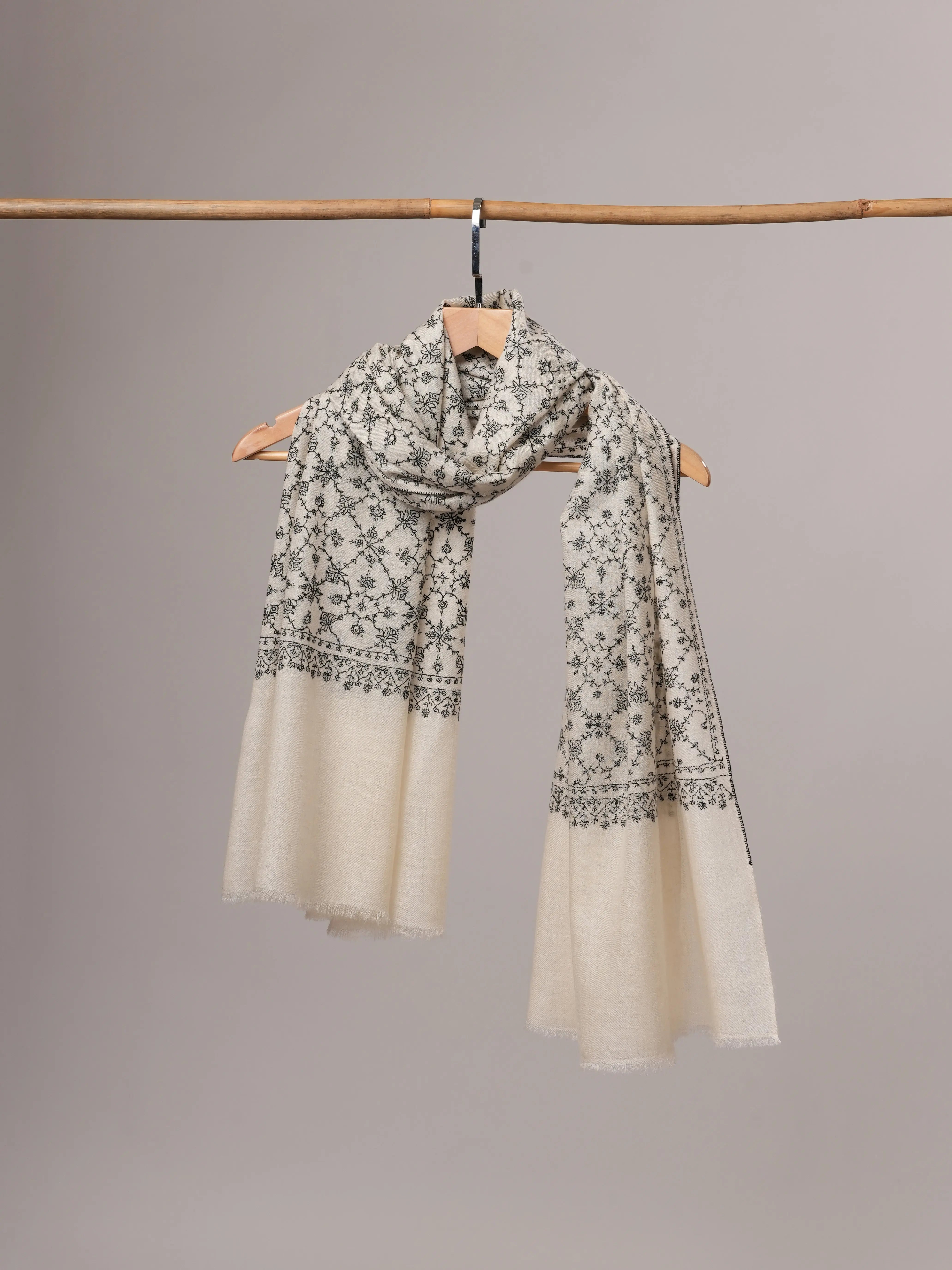 Natural White All Over Neem Jali Handwoven Cashmere Scarf Shahkaar