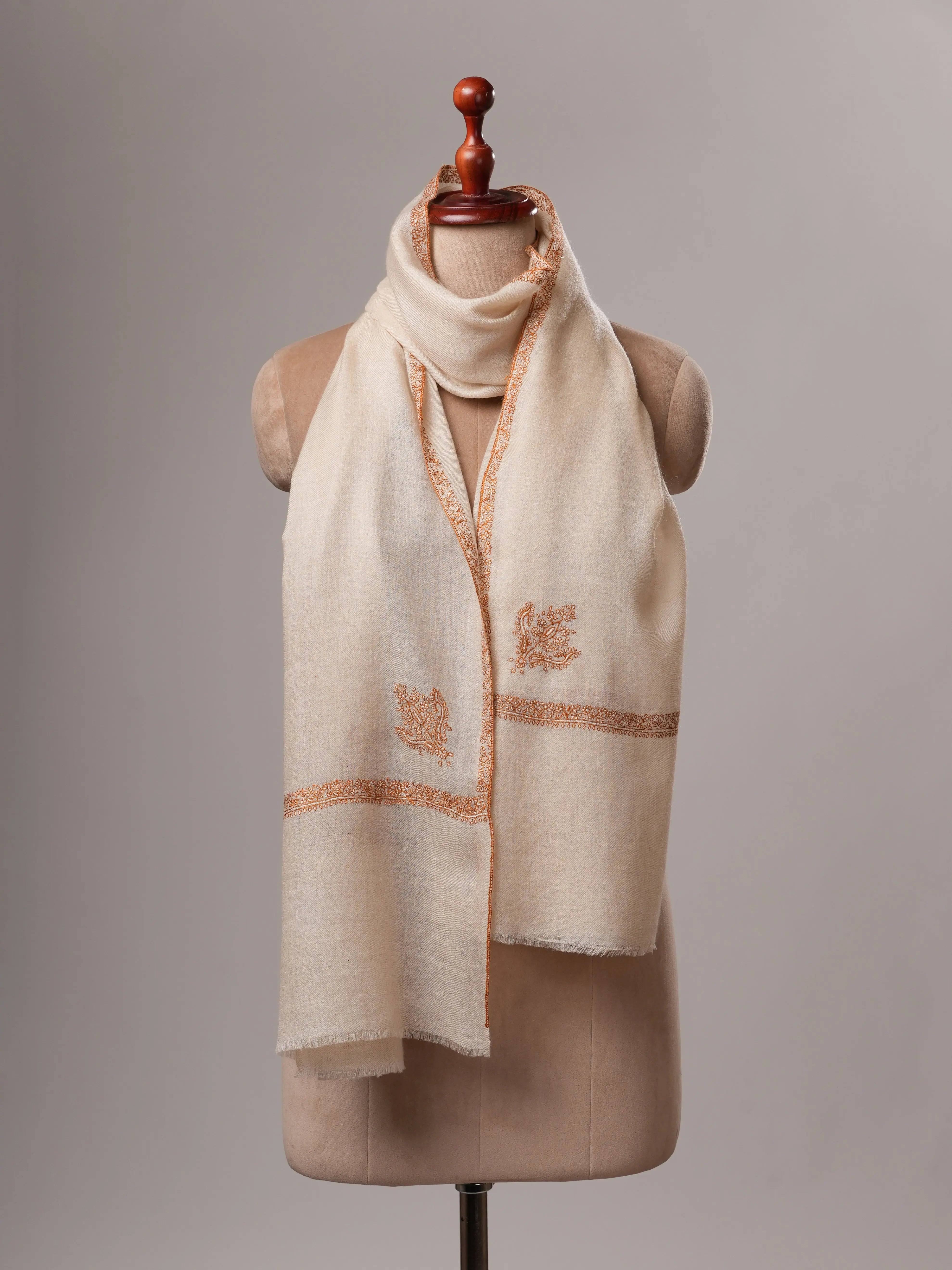 Natural White Bail Embroidered Handwoven Cashmere Scarf Shahkaar