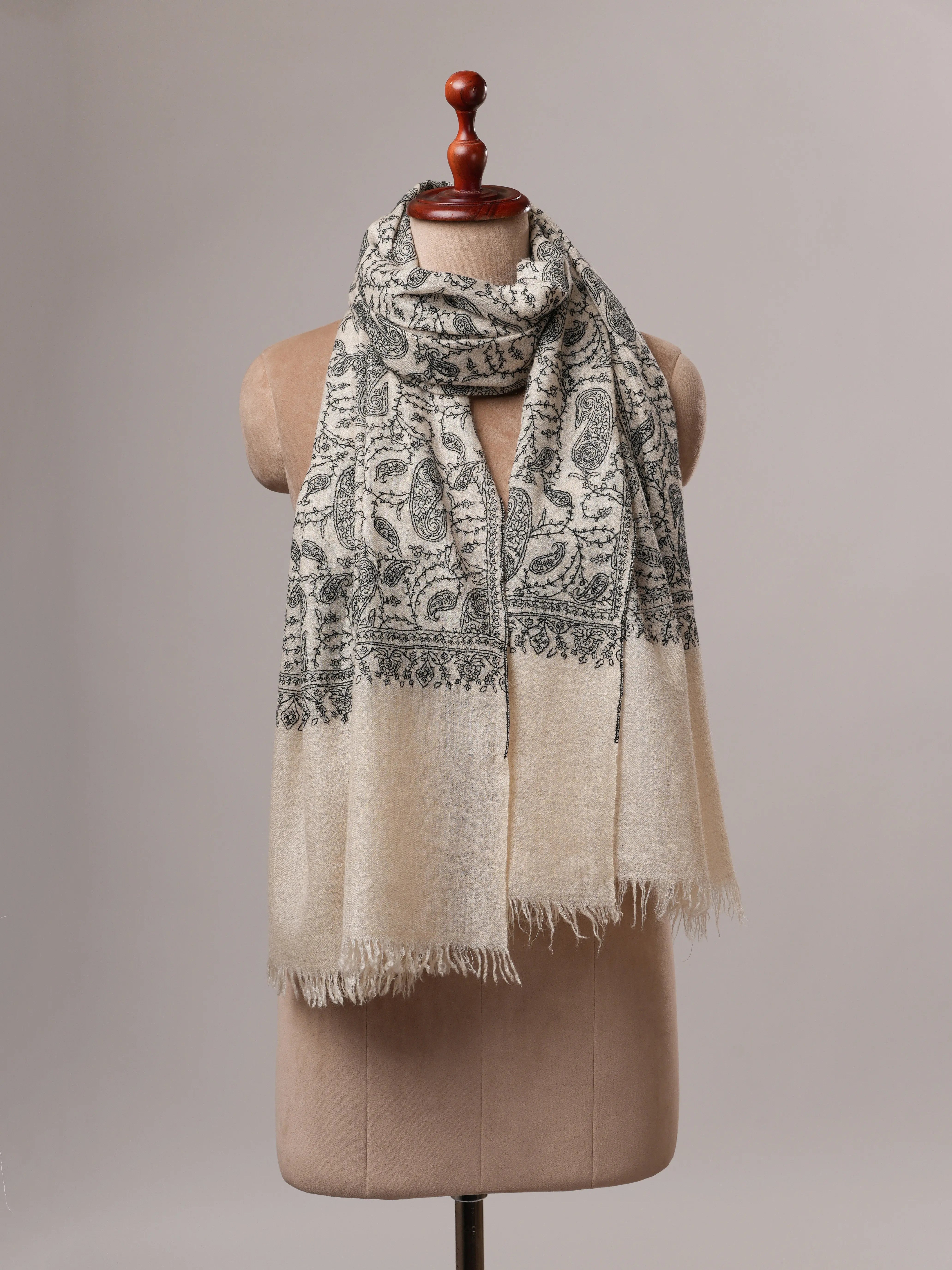 Natural White Cashmere Scarf with All-Over Black Hand Embroidery Shahkaar