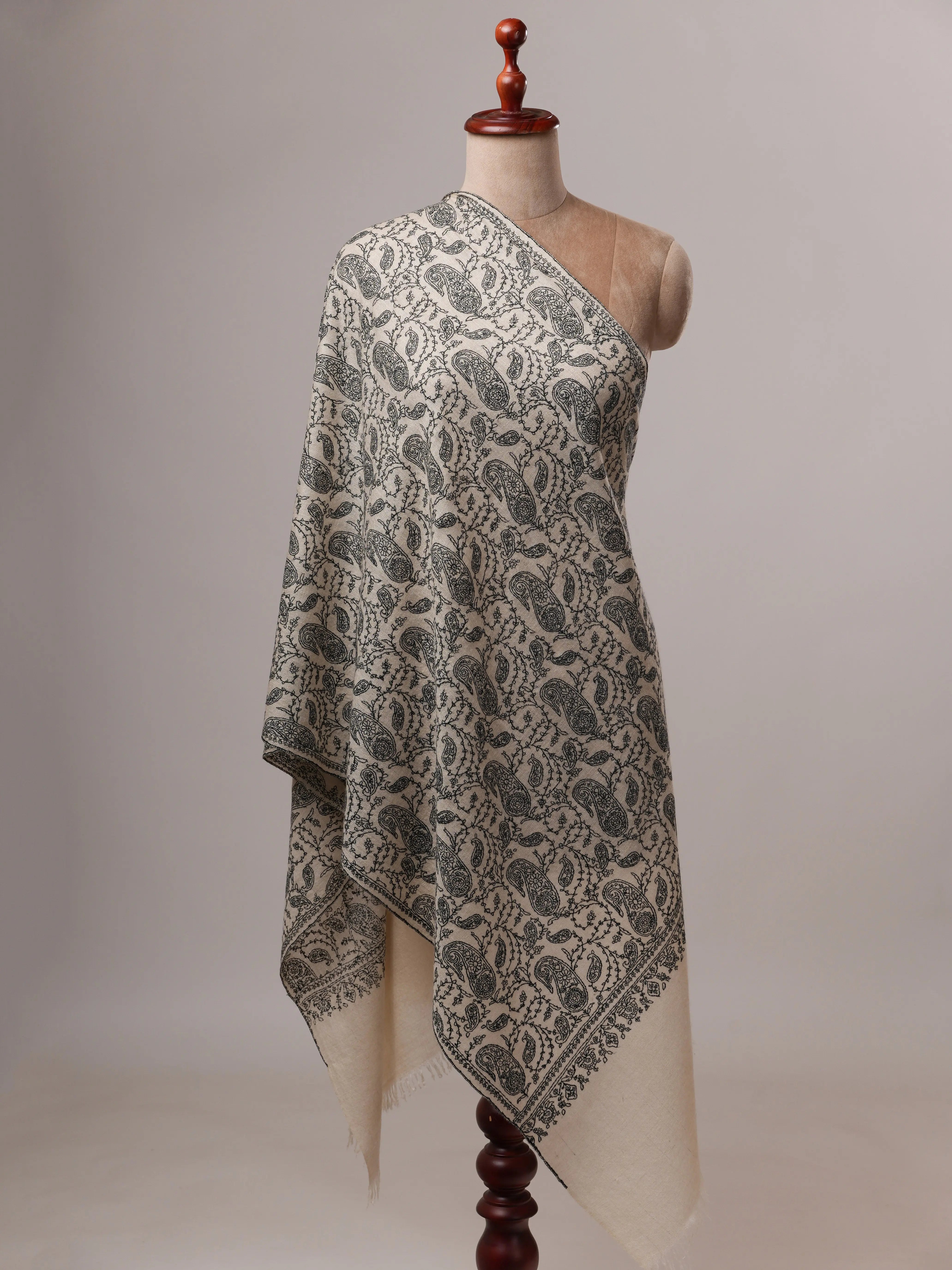 Natural White Cashmere Scarf with All-Over Black Hand Embroidery Shahkaar