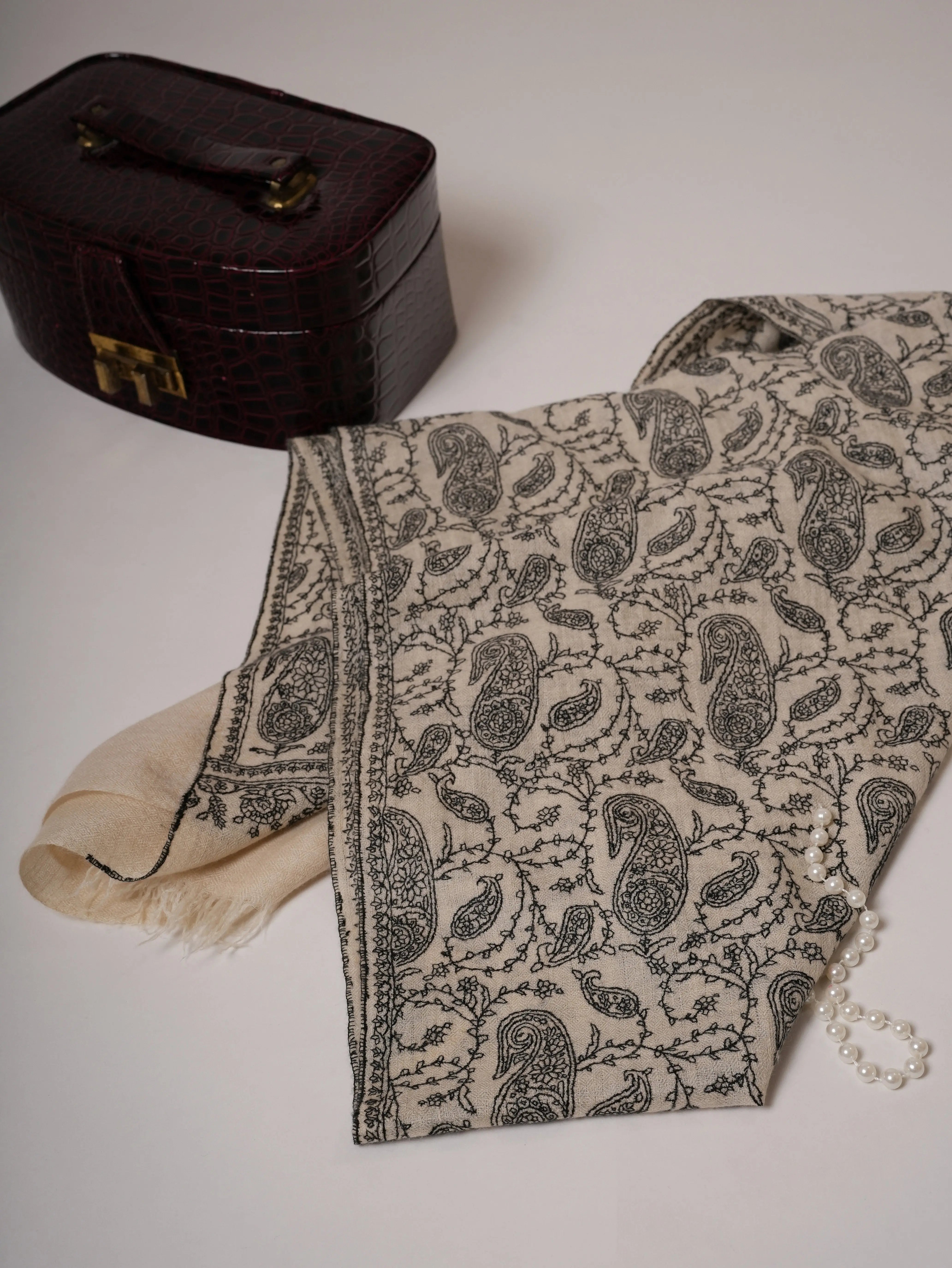 Natural White Cashmere Scarf with All-Over Black Hand Embroidery Shahkaar