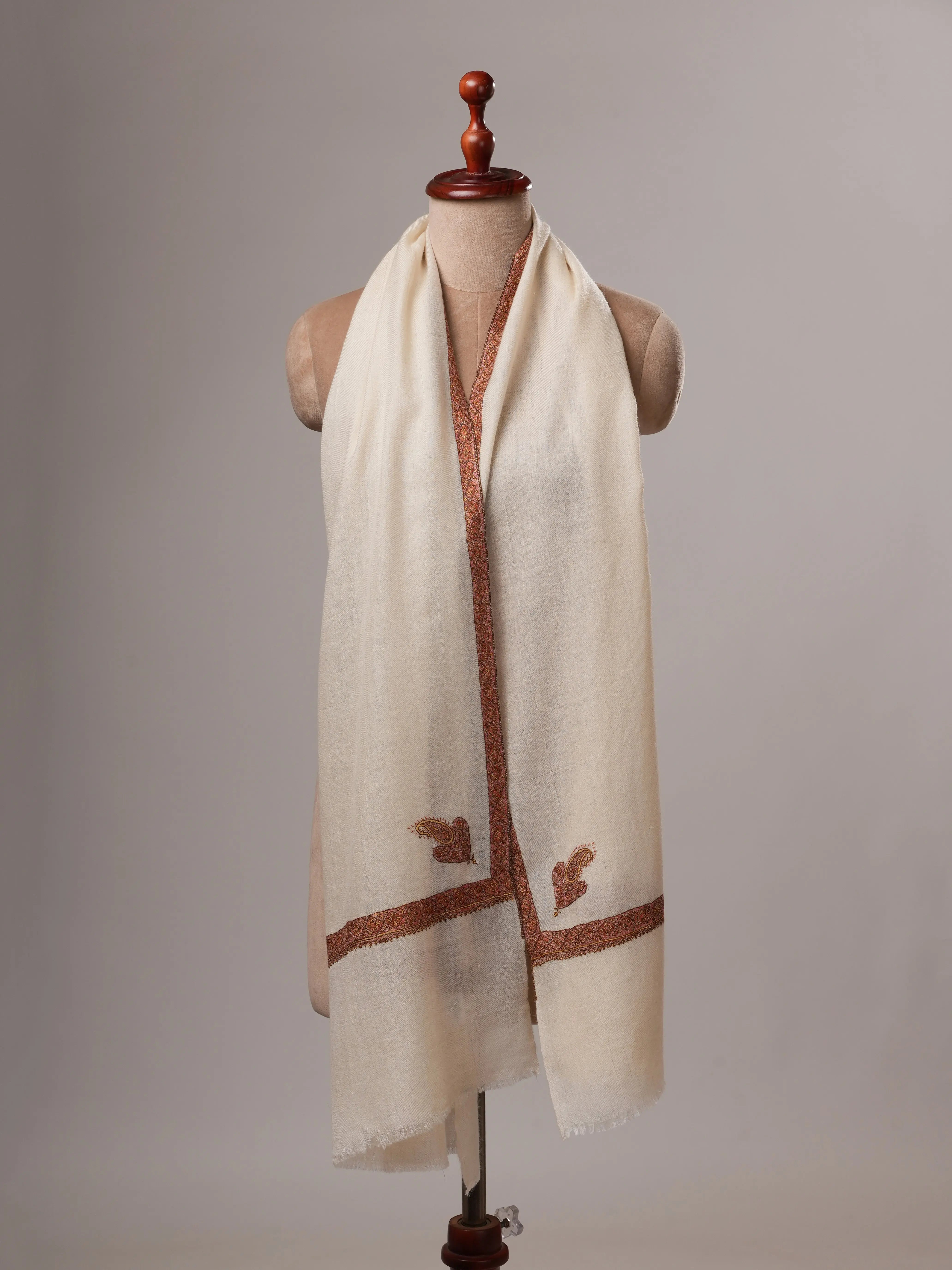 Natural White Cashmere Scarf with Hashia Hand Embroidery & Corner Paisley Shahkaar