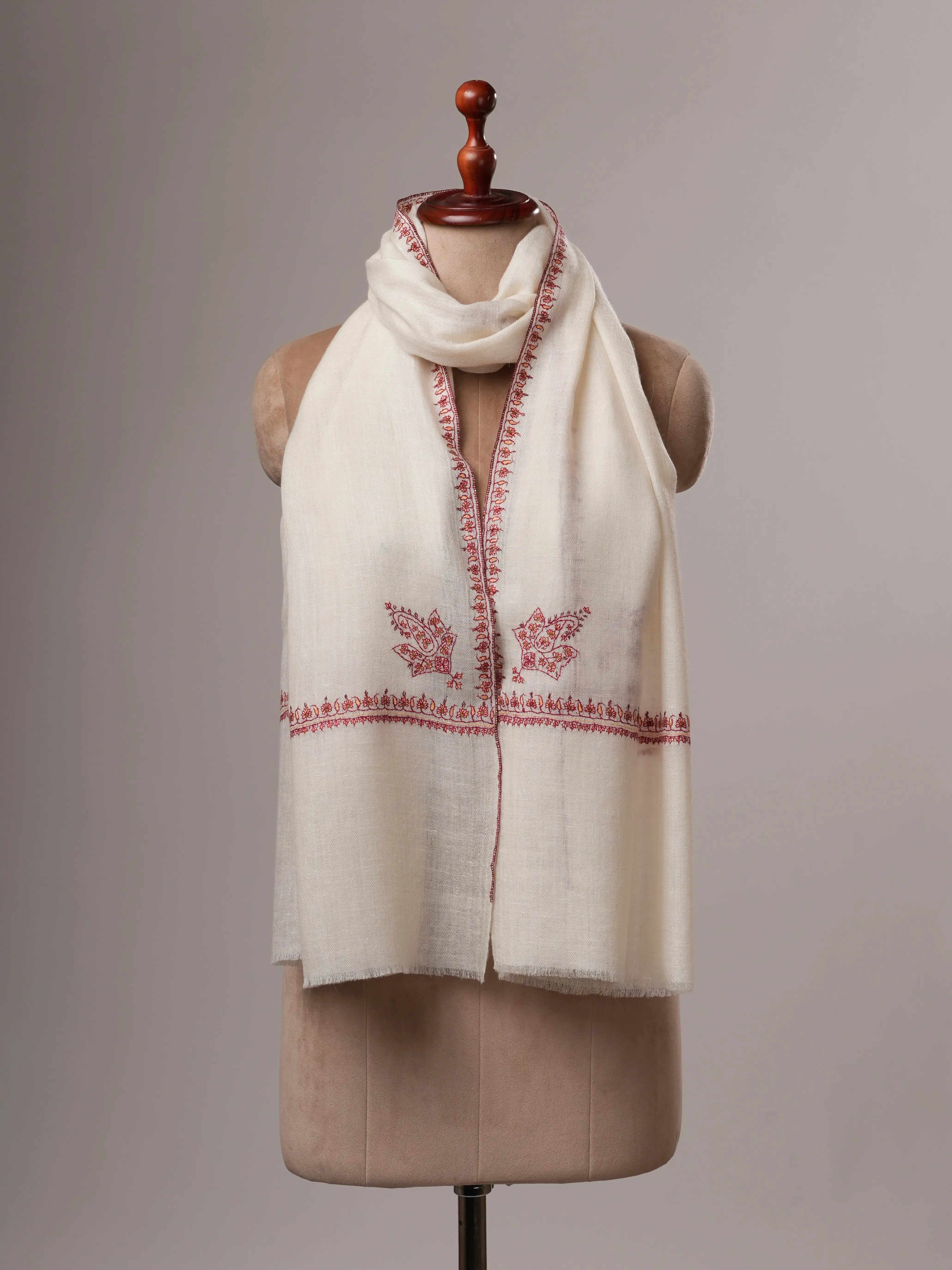 Natural White Cashmere Scarf with Hashia Hand Embroidery & Paisley Corner Motif Shahkaar