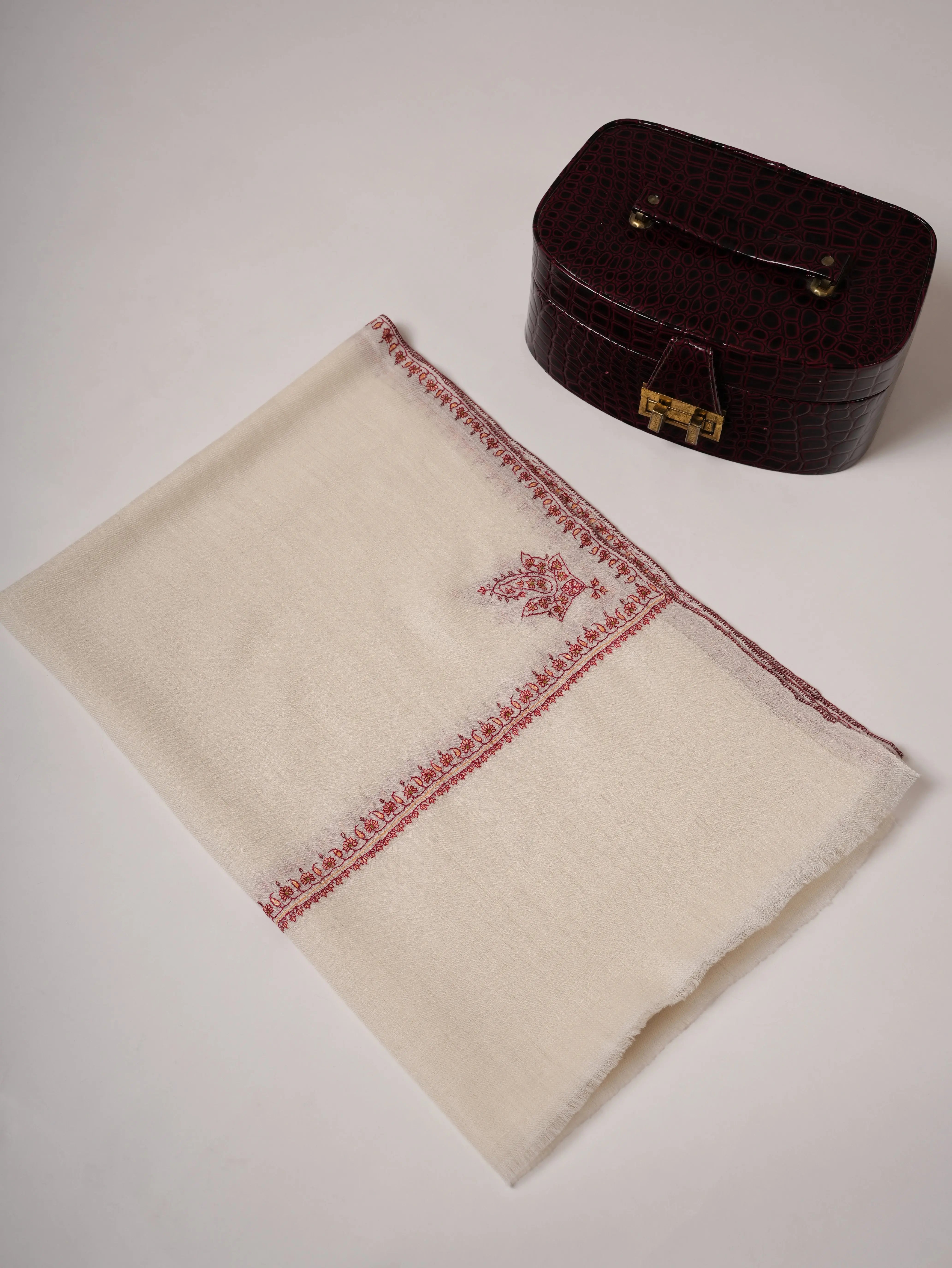Natural White Cashmere Scarf with Hashia Hand Embroidery & Paisley Corner Motif Shahkaar