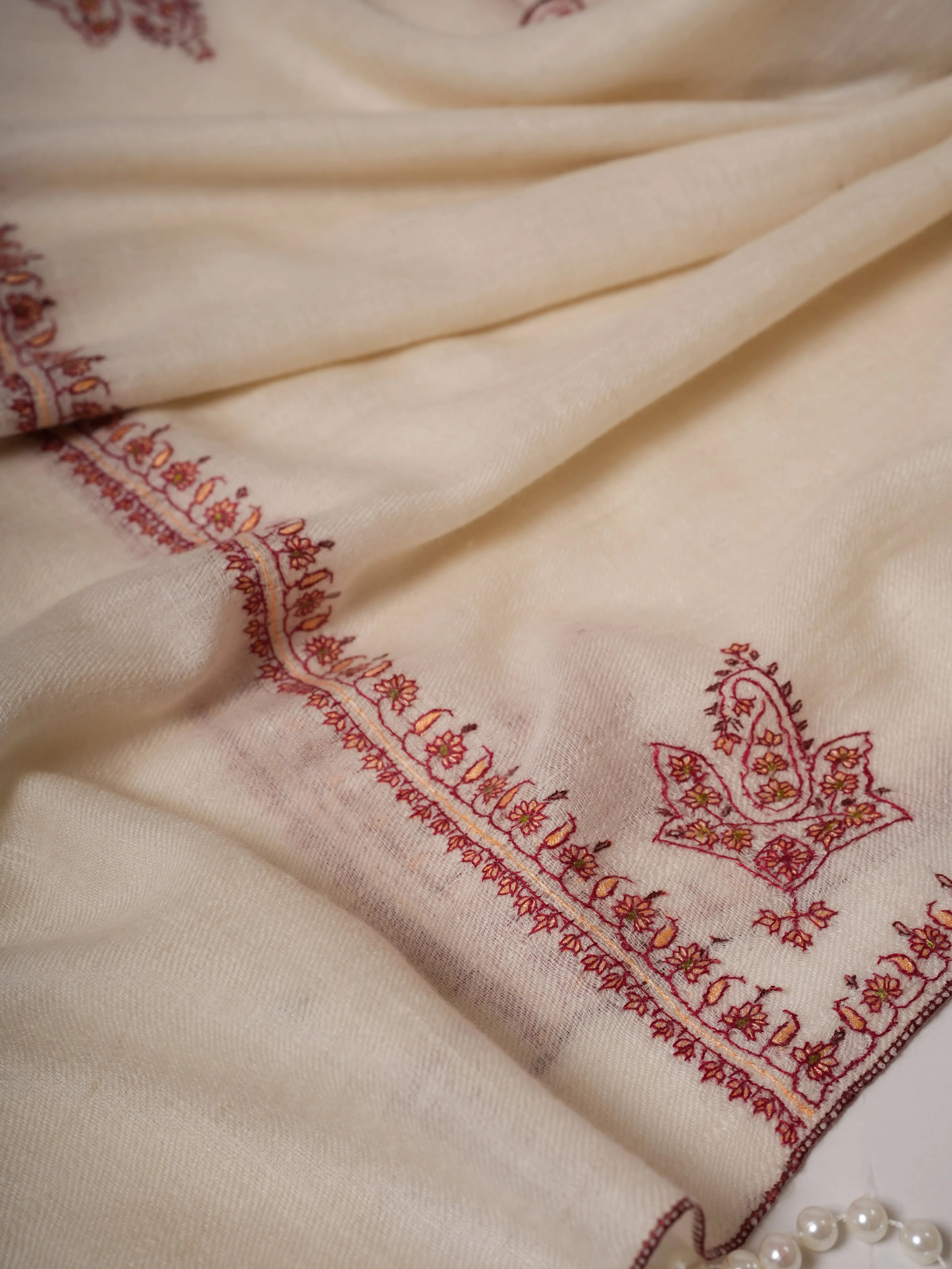 Natural White Cashmere Scarf with Hashia Hand Embroidery & Paisley Corner Motif Shahkaar