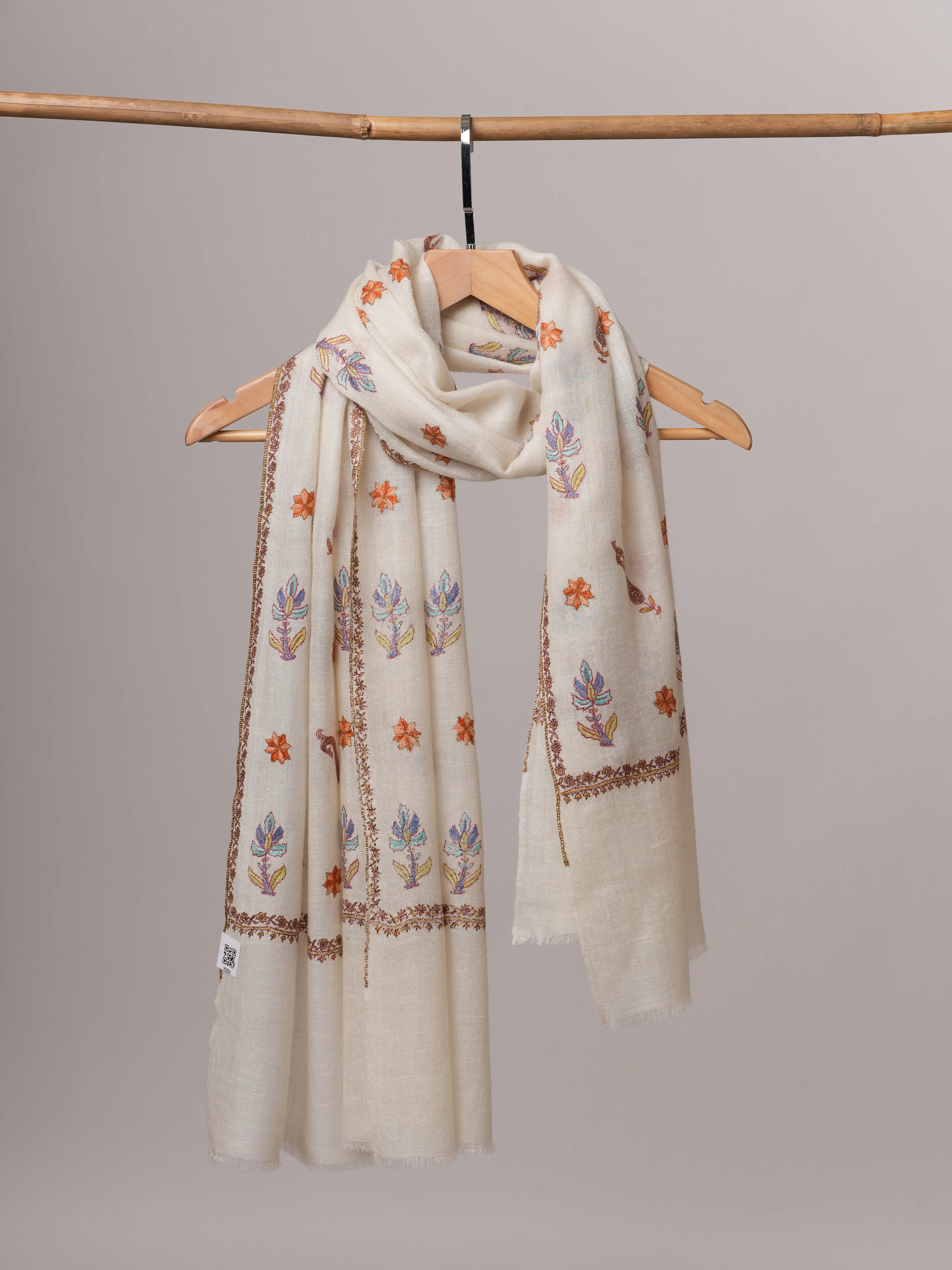 Natural White Indian Cashmere Scarf with All-Over Buteh Hand Embroidery Shahkaar