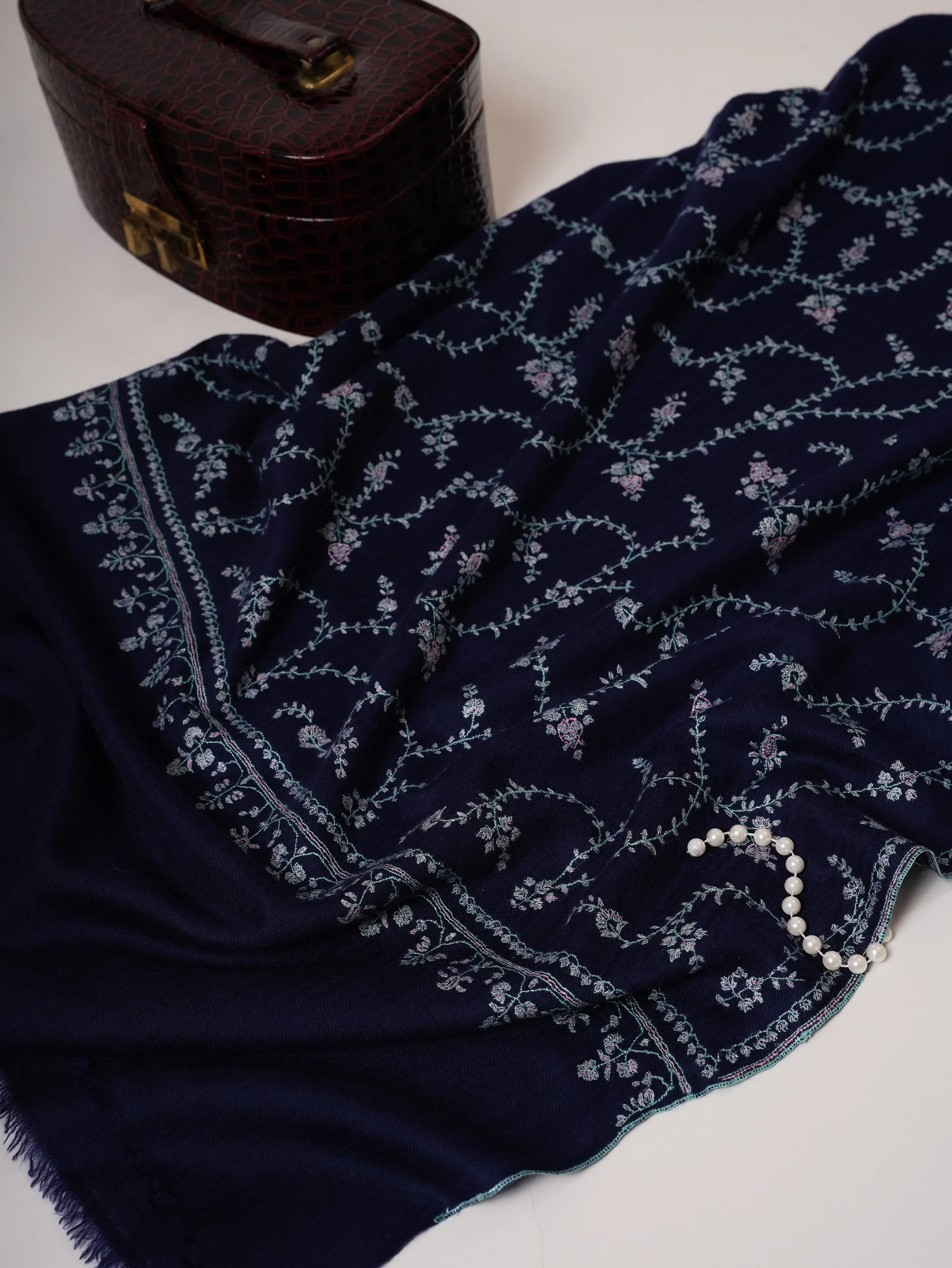 Navy Blue Baby Soft Cashmere Scarf with All Over Hand Embroidery Shahkaar