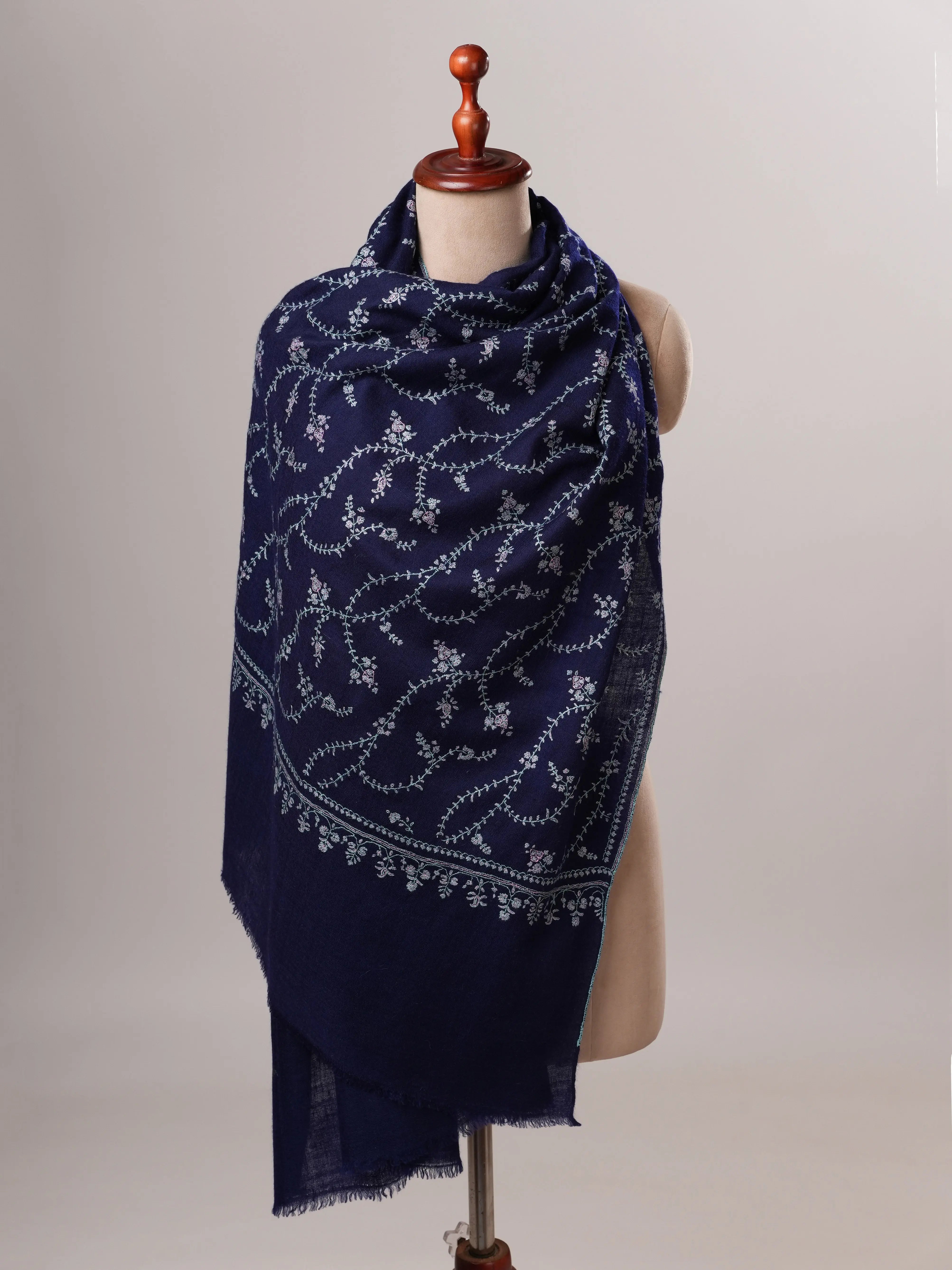 Navy Blue Baby Soft Cashmere Scarf with All Over Hand Embroidery Shahkaar