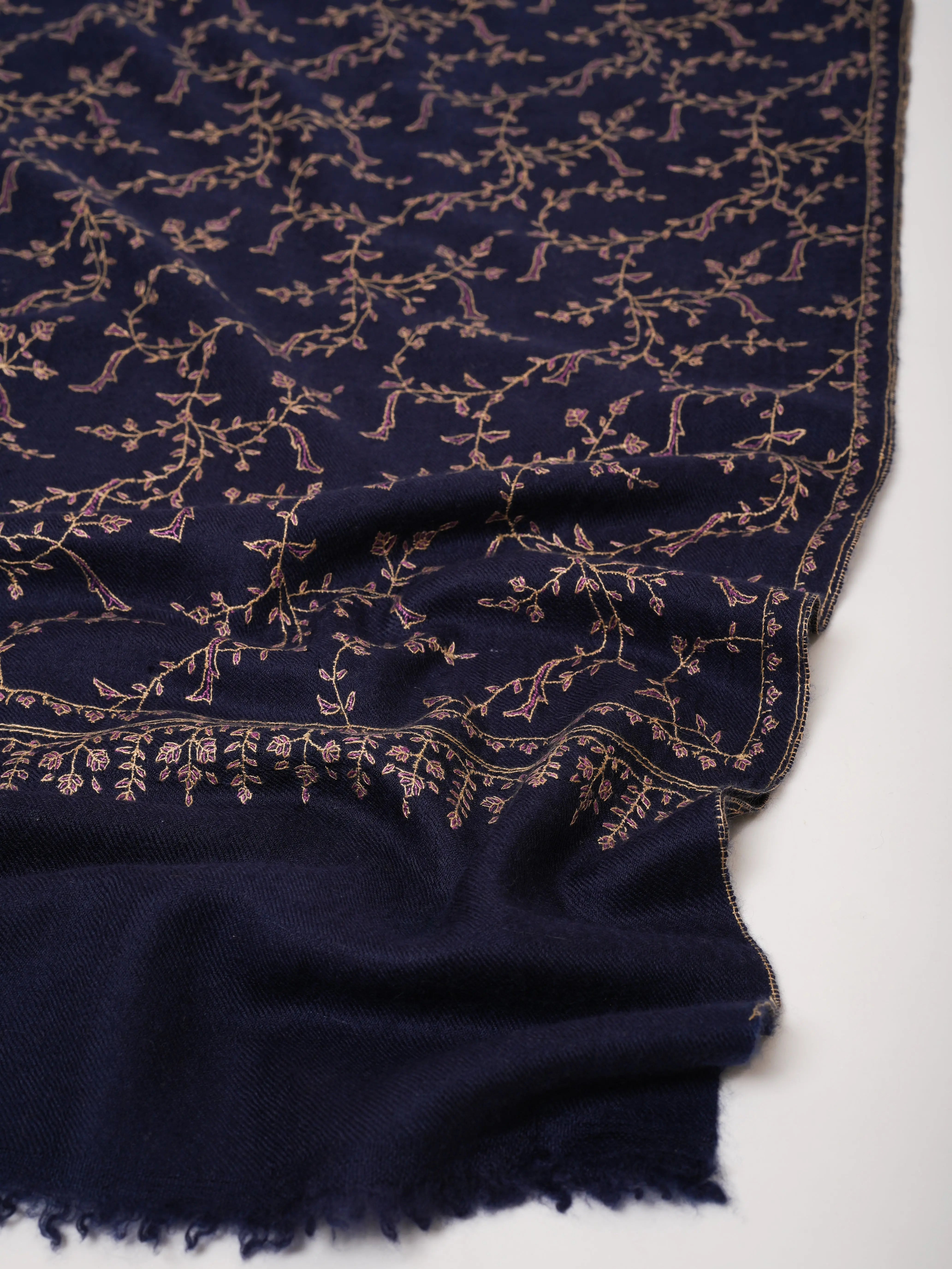 Navy Blue Baby Soft Cashmere Scarf with Fine Hand Embroidery Shahkaar