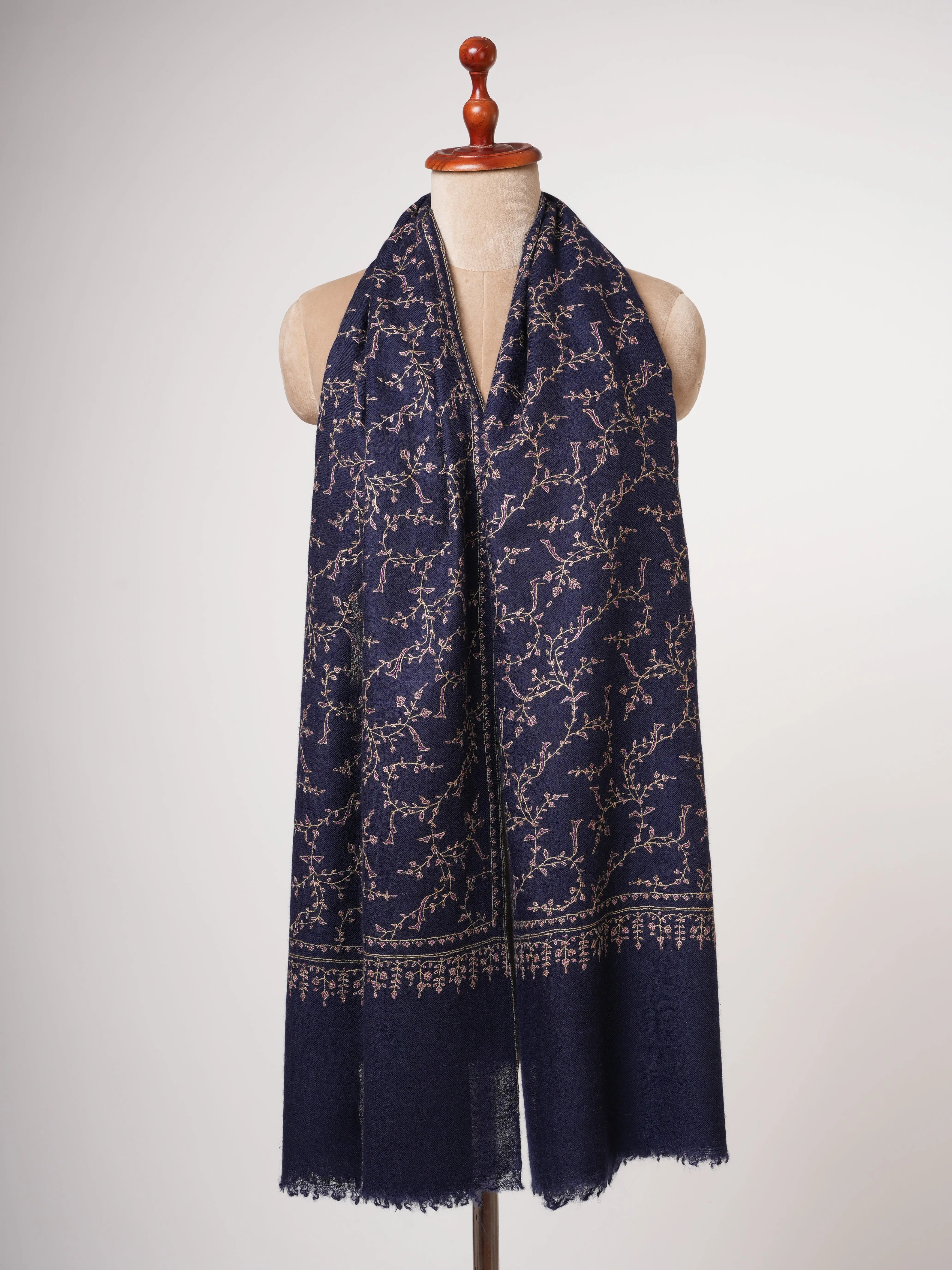 Navy Blue Baby Soft Cashmere Scarf with Fine Hand Embroidery Shahkaar