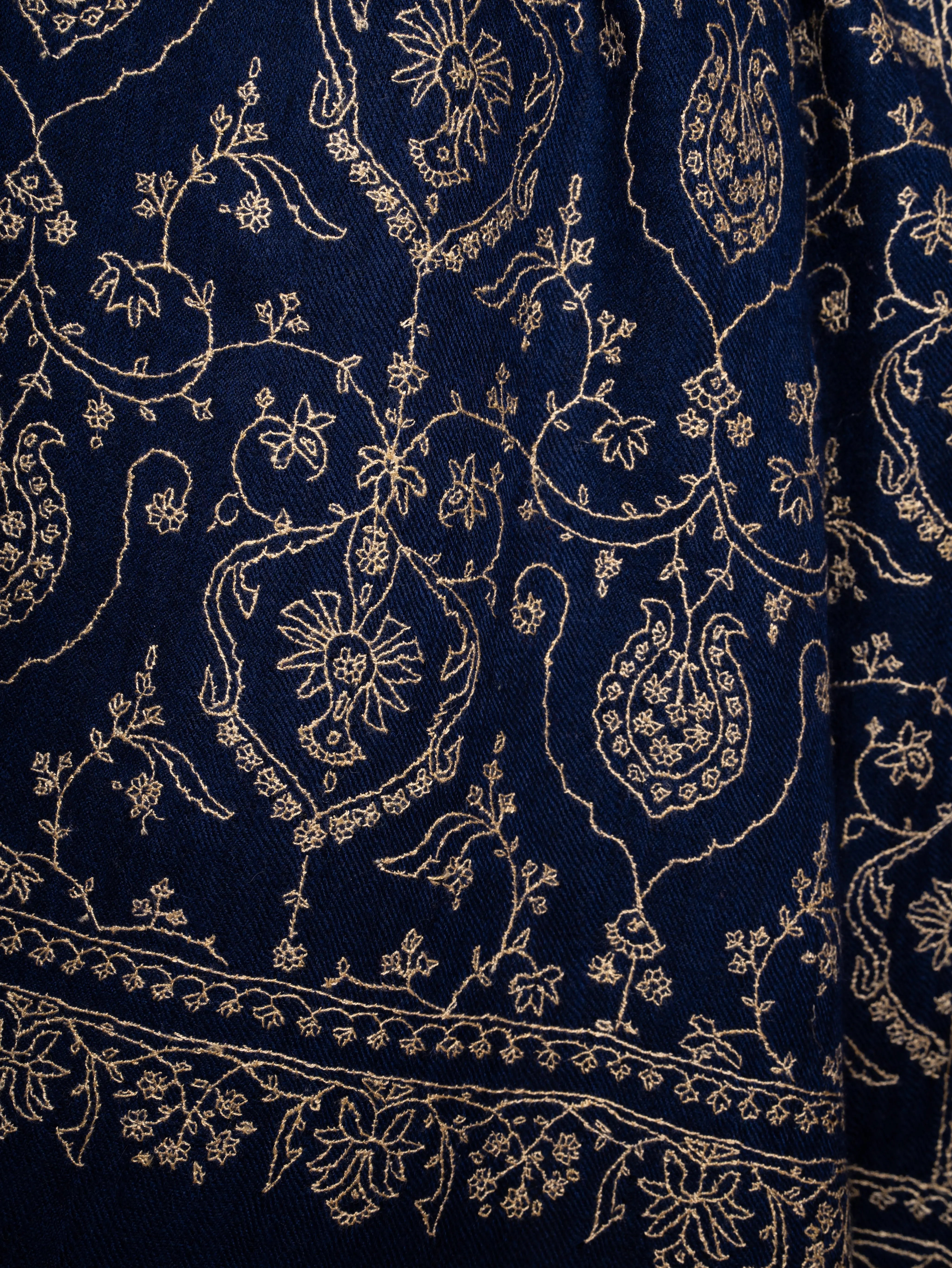 Navy Blue Handloomed Cashmere Scarf All Over Jaali Hand Embroidery Shahkaar