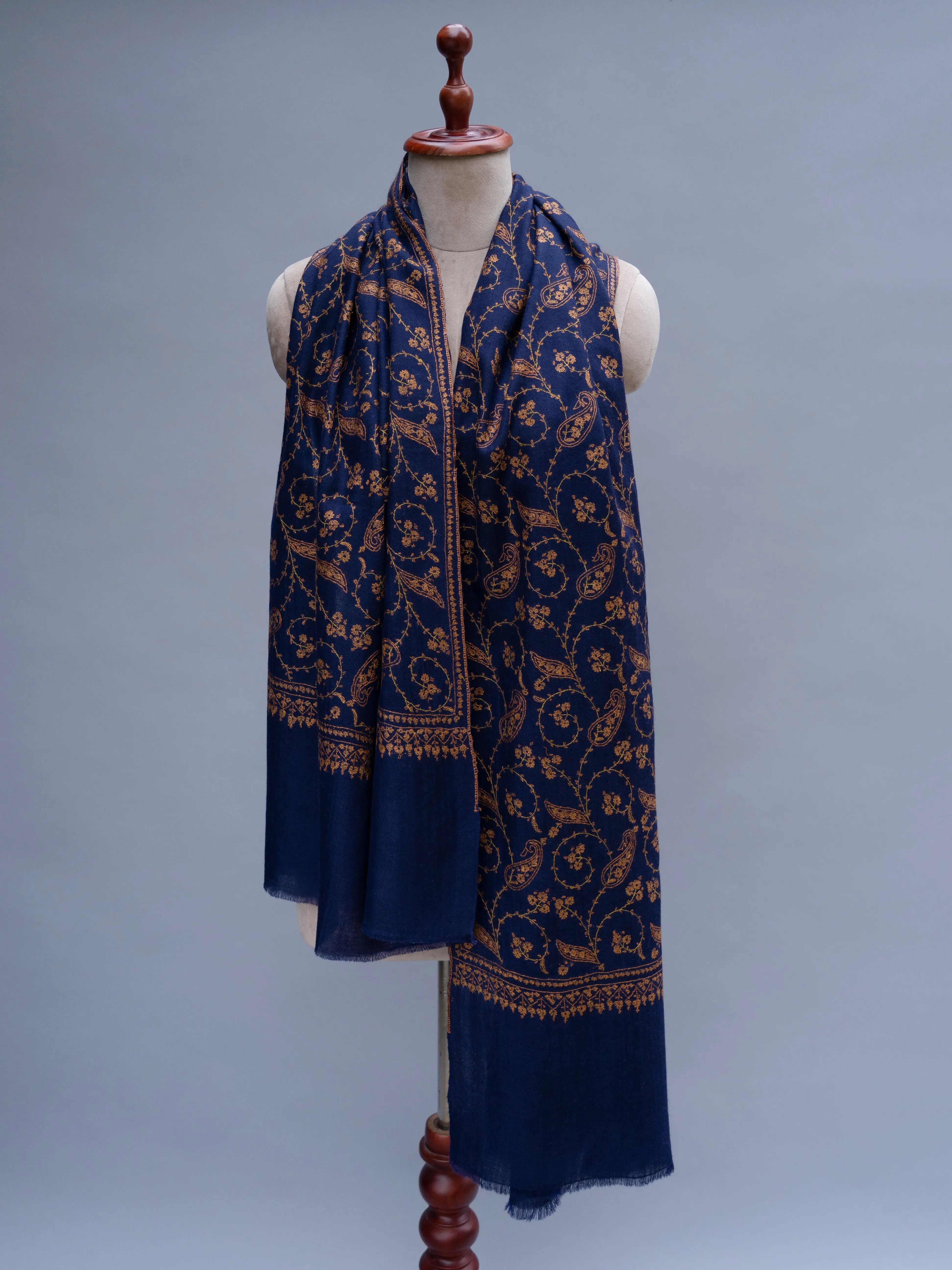 Navy Blue Sozni Embroidered Indian Cashmere Wrap Shahkaar