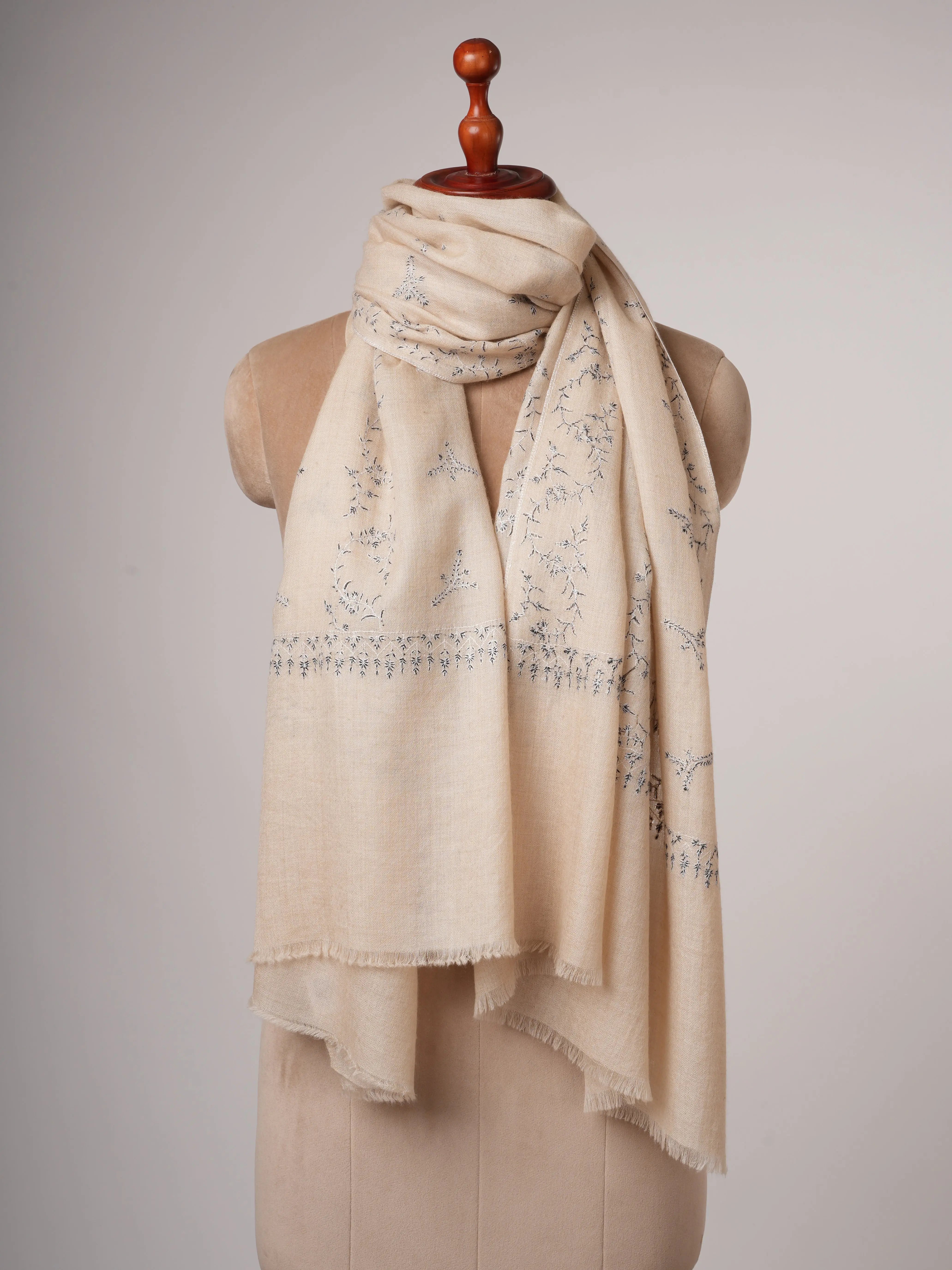 Off-White Cashmere Scarf with Black & White Hand Embroidery – Soft and Elegant Shahkaar