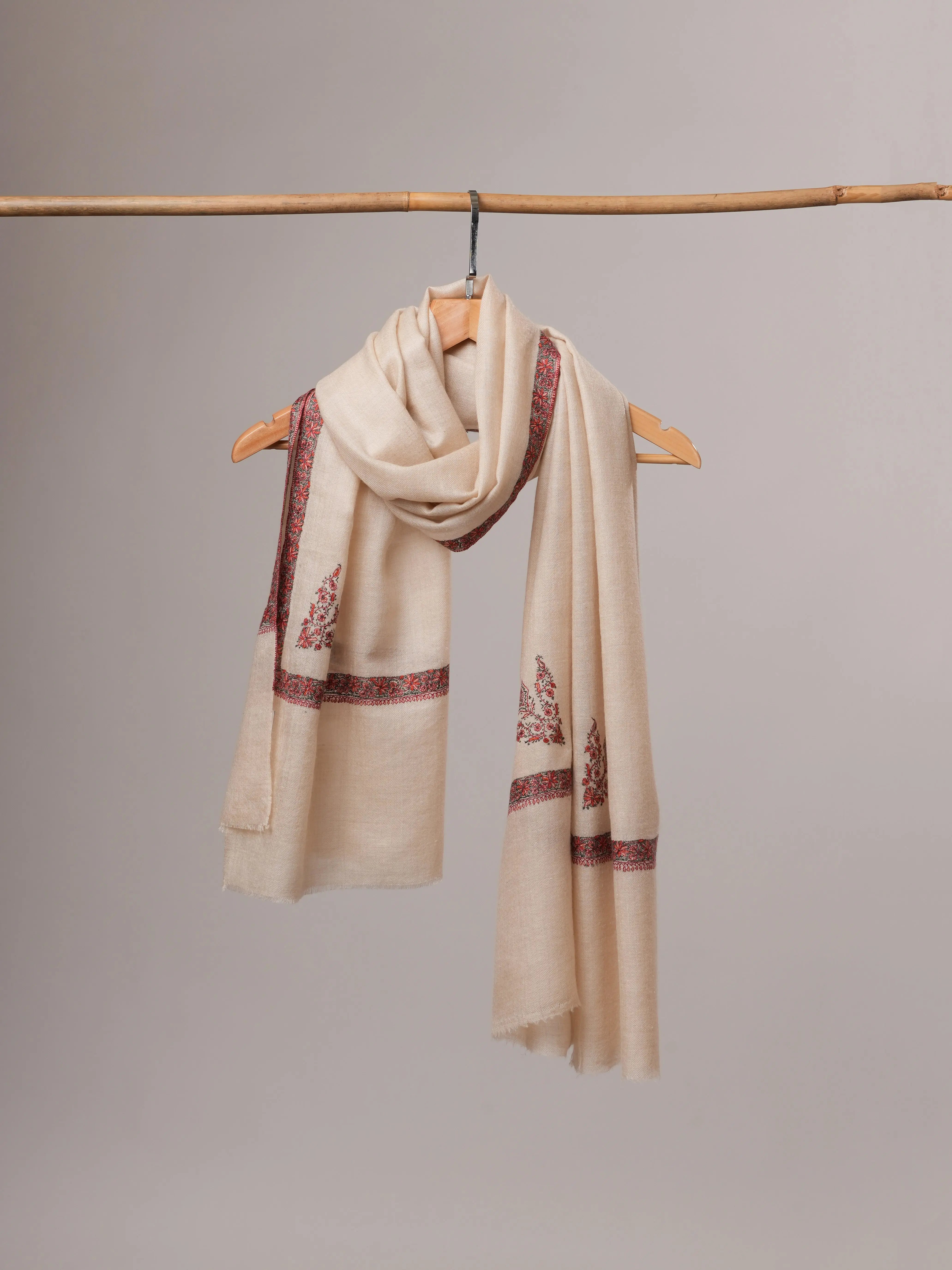 Off White Handwoven Baby Soft Cashmere Scarf with Classic Hashia Embroidery Shahkaar