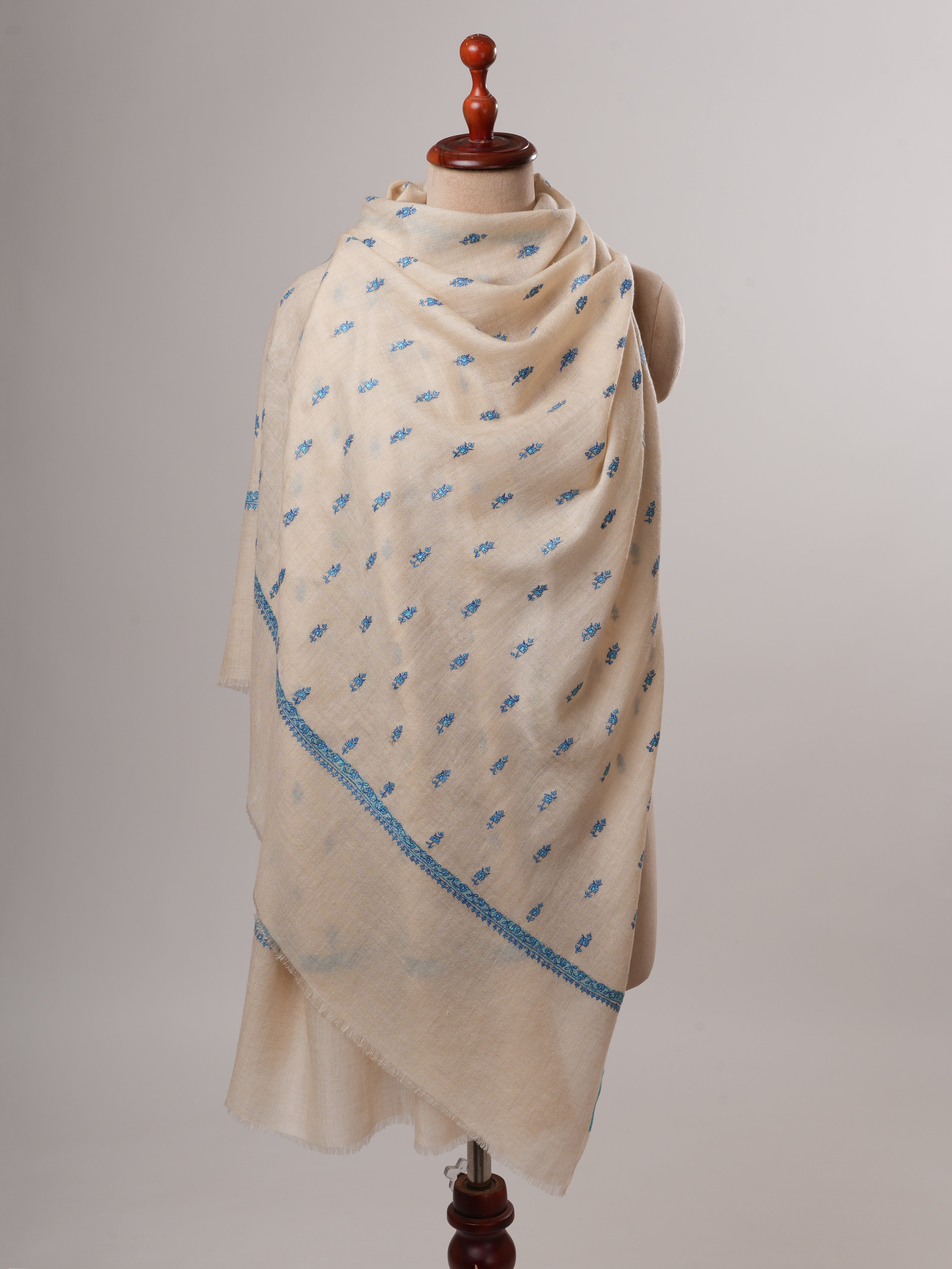 Off White Kashmiri Pashmina Shawl with Turquoise Buteh Embroidery Shahkaar