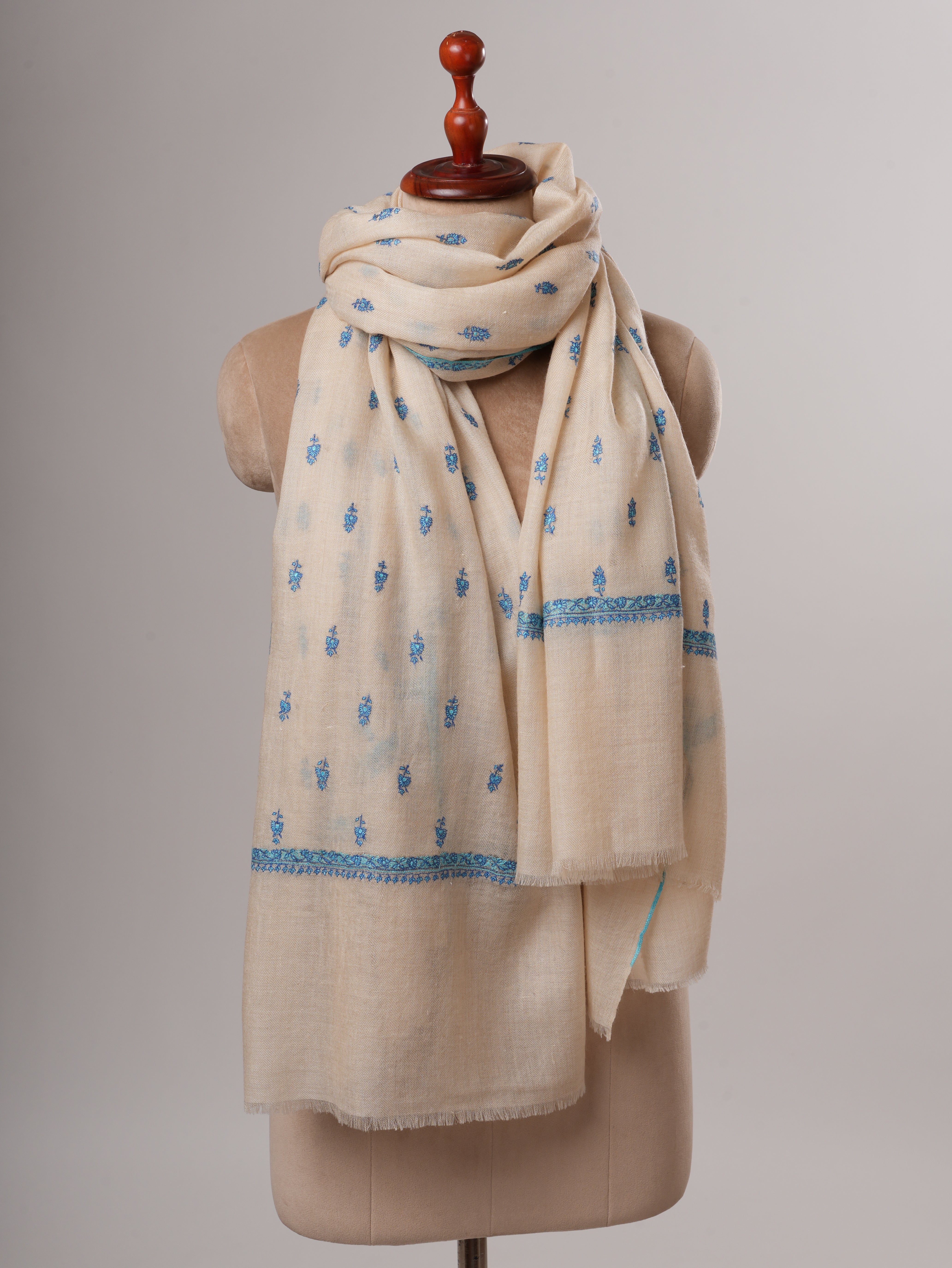 Off White Kashmiri Pashmina Shawl with Turquoise Buteh Embroidery Shahkaar