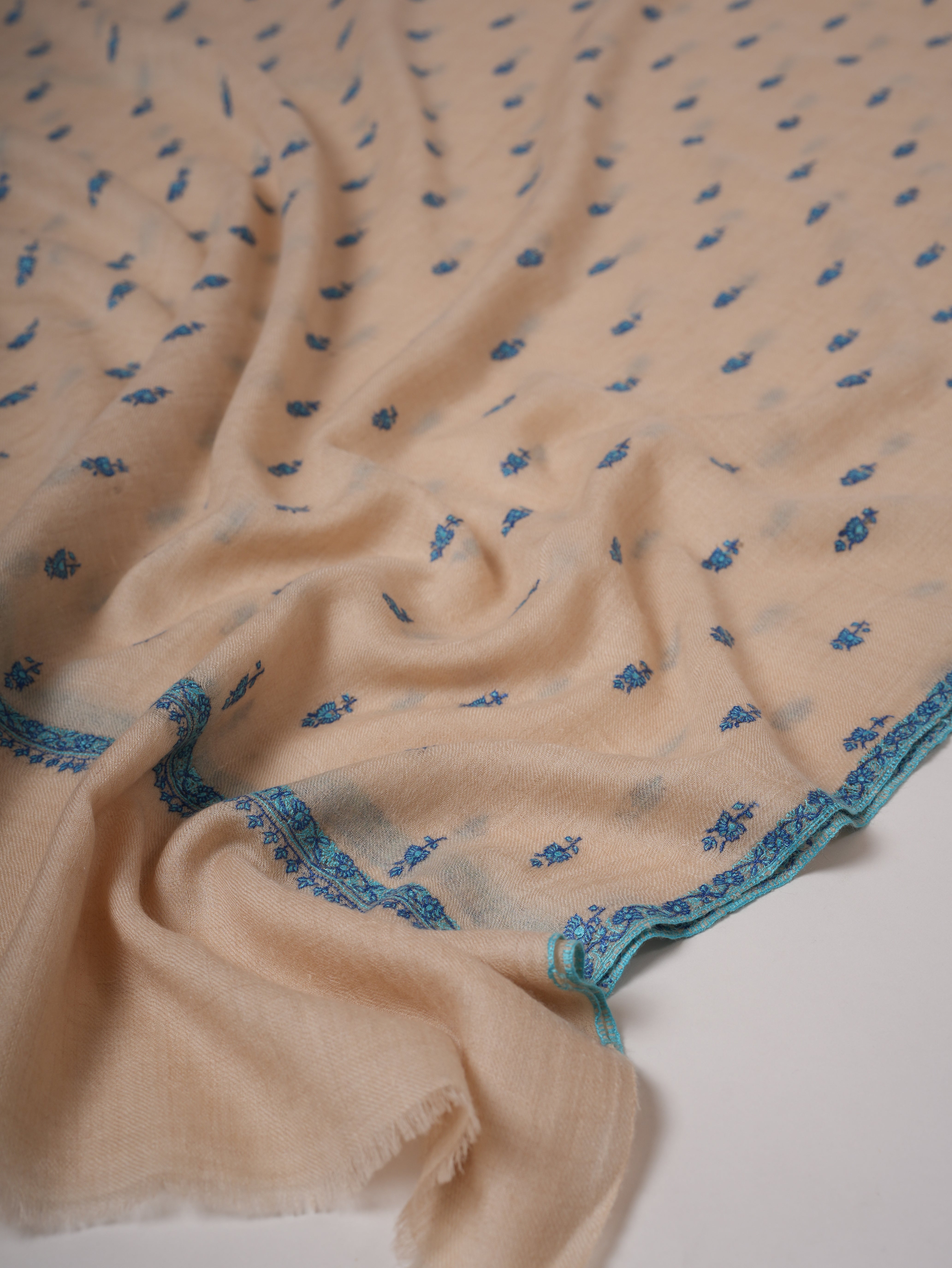 Off White Kashmiri Pashmina Shawl with Turquoise Buteh Embroidery Shahkaar