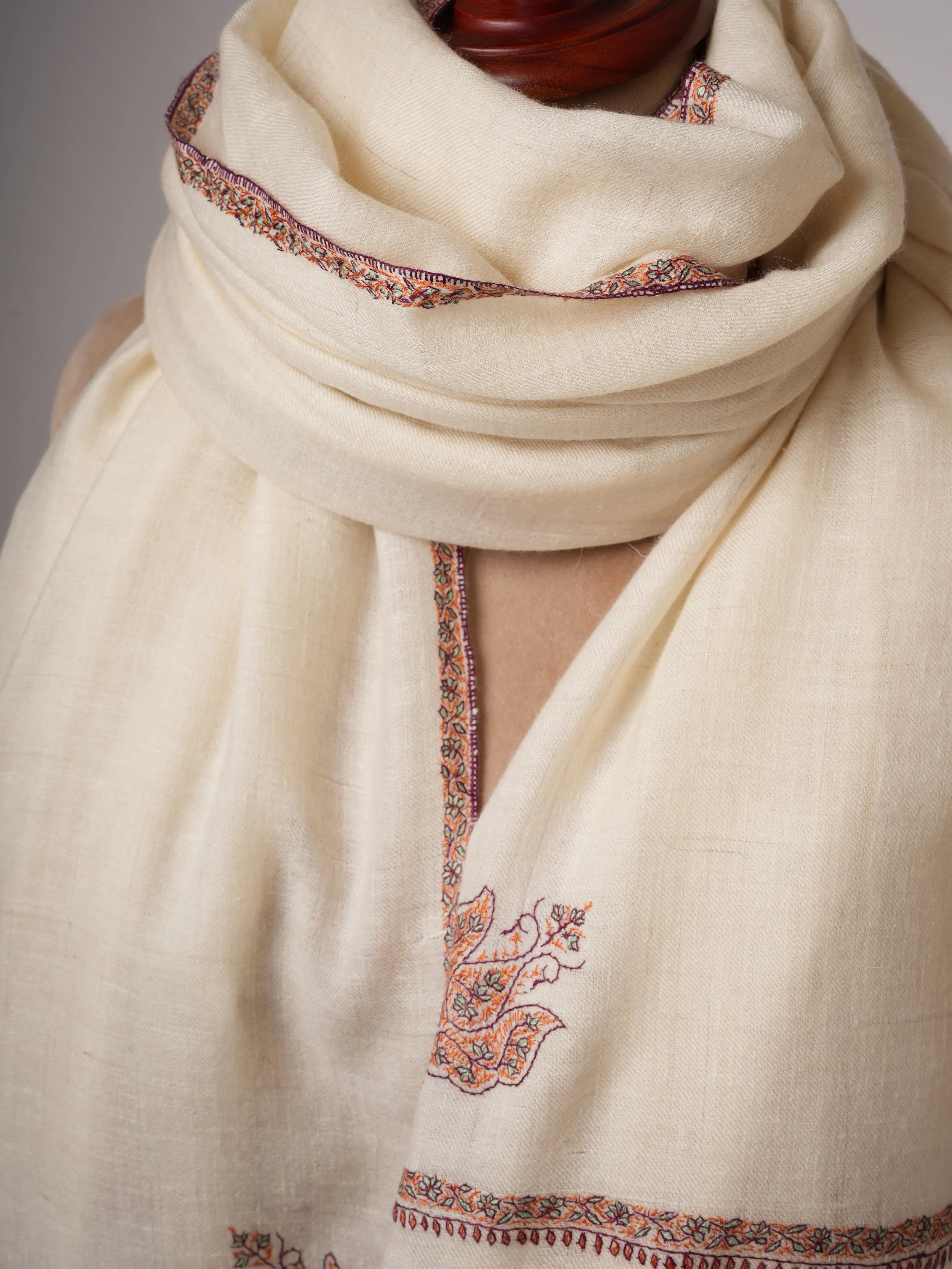 Off-White Oversized Baildar Embroidered Baby Soft Lightweight Kashmiri Shawl Shahkaar