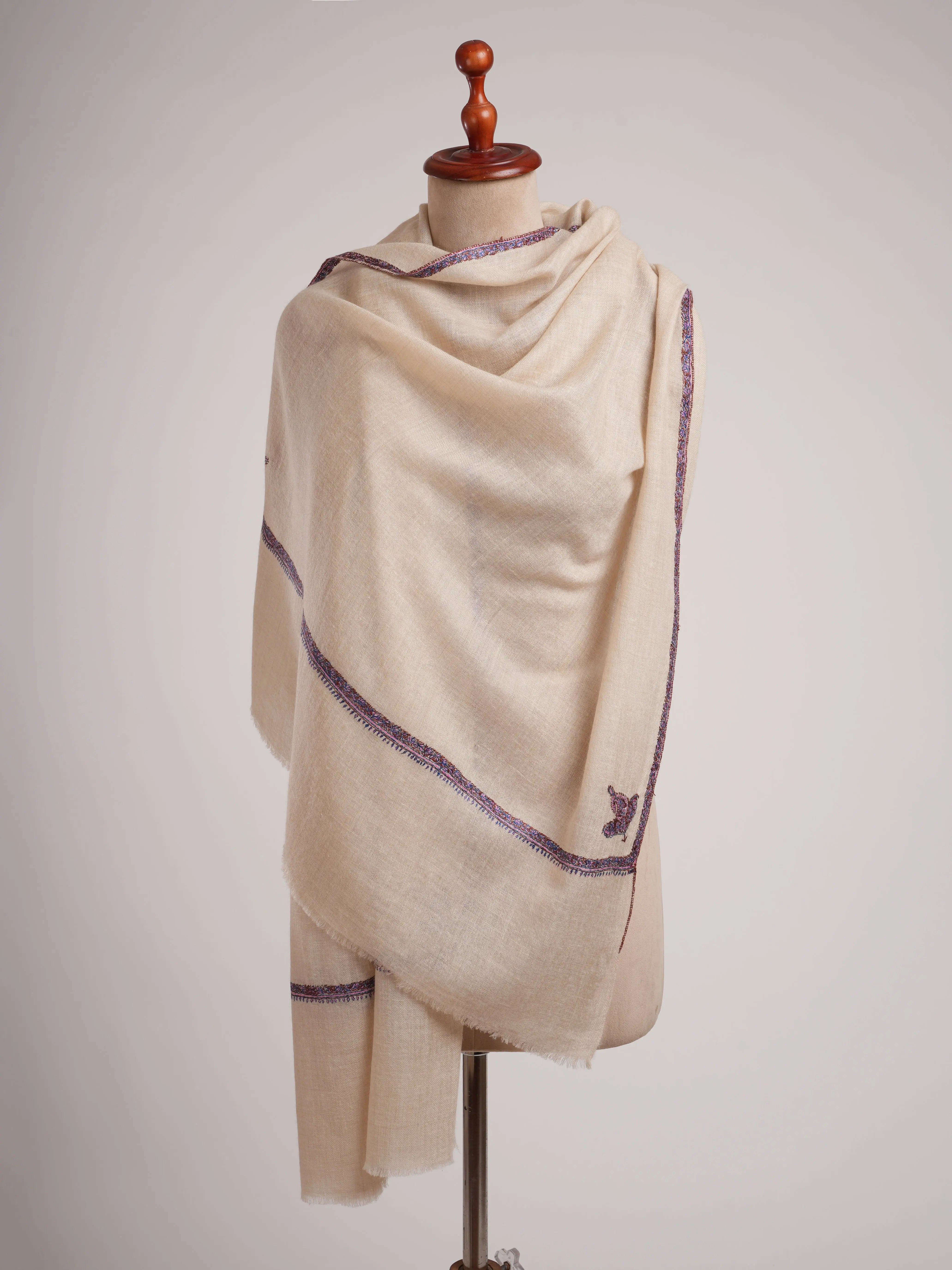 Off white Baildar Motif Sozni Needlework Cashmere Wrap Shahkaar
