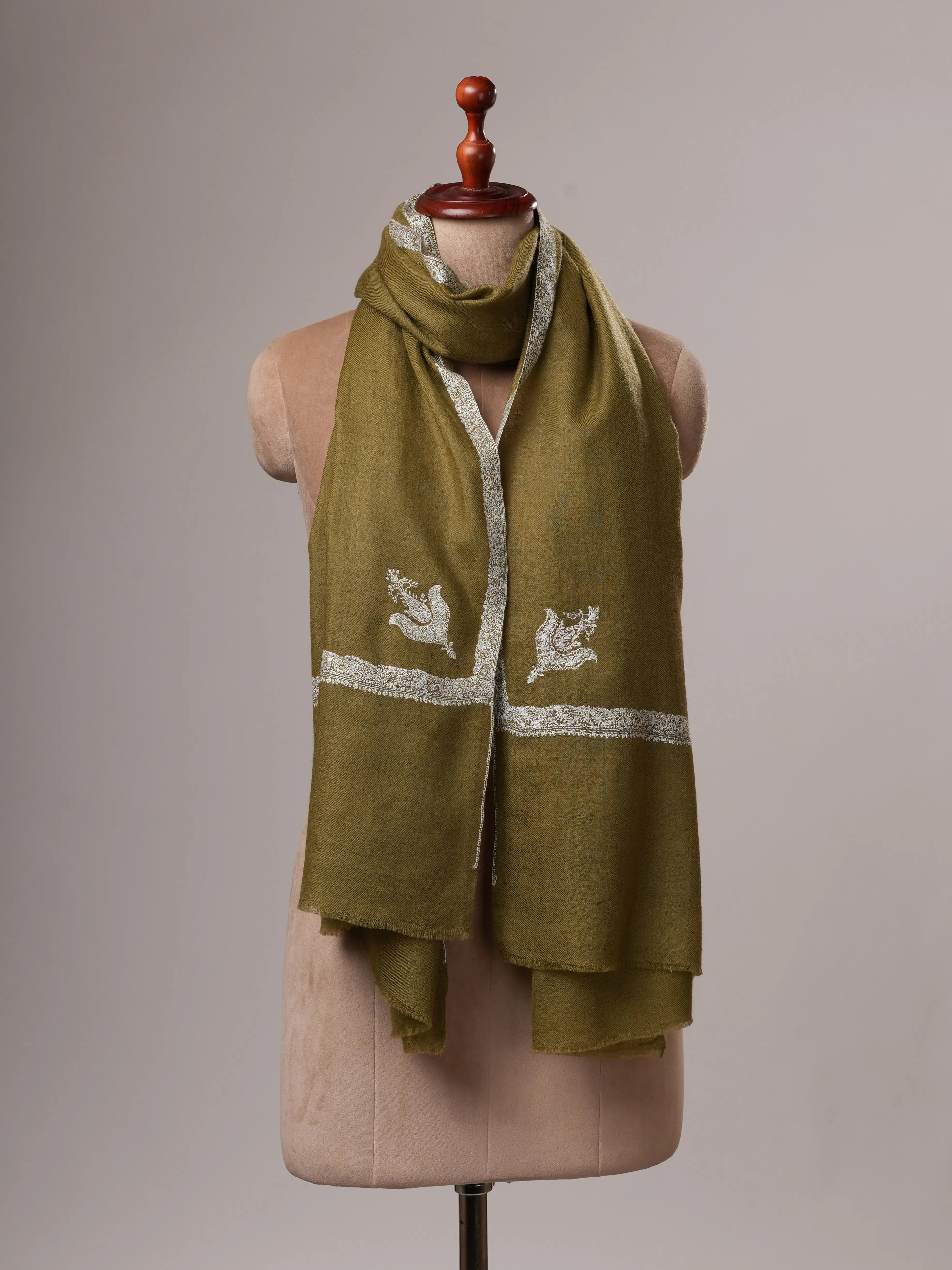 Olive Cashmere Scarf with Hashia Hand Embroidery Shahkaar