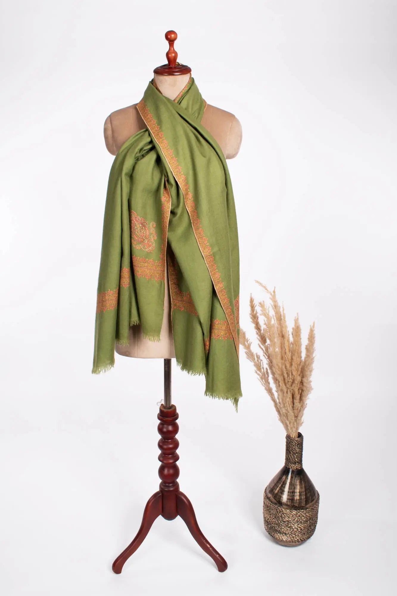 Olive Green Neemdaur Beautiful Luxury Cashmere Wrap - IDAHO Shahkaar