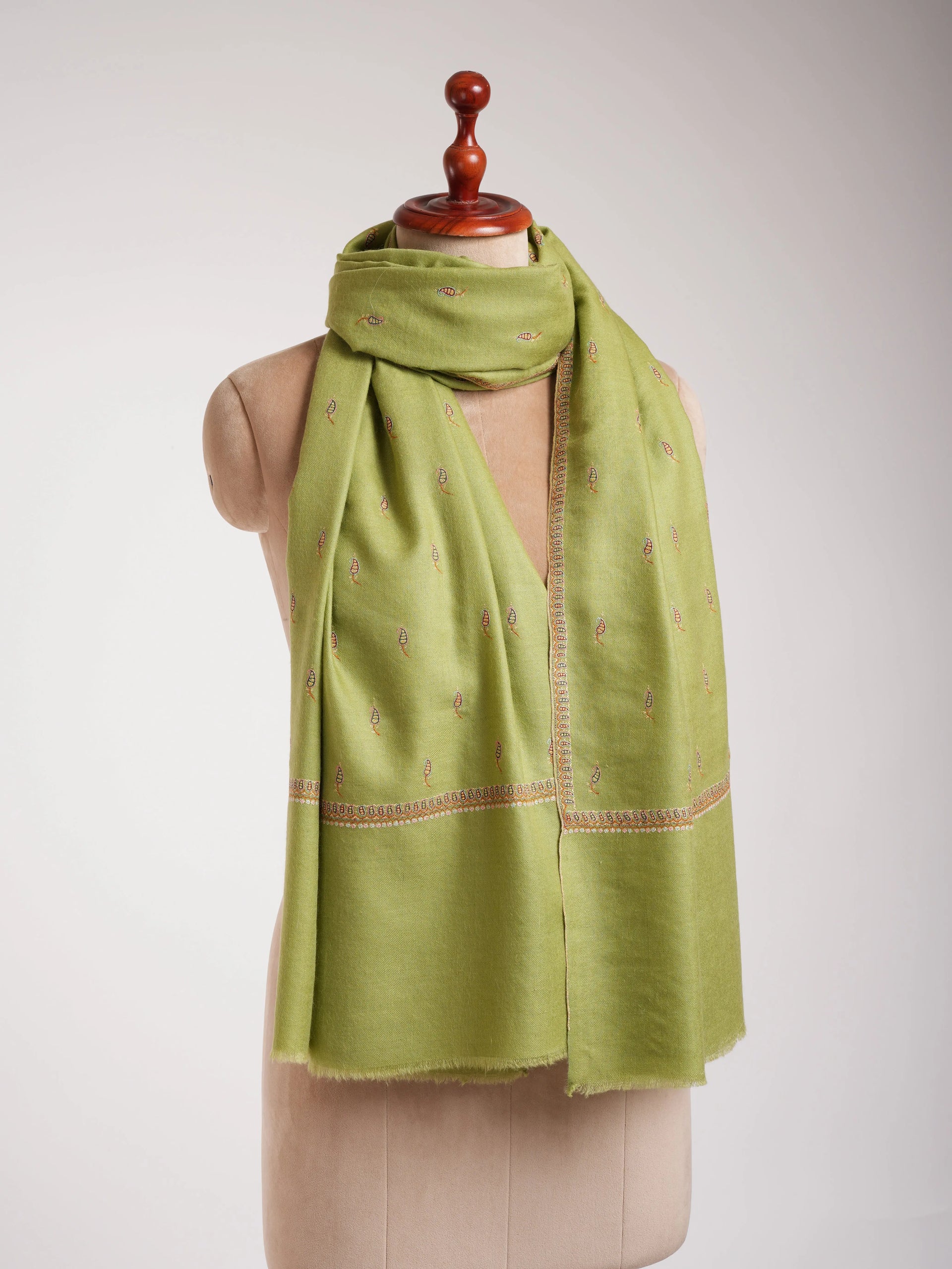 Olive Green Paisley Buteh Silk Embroidered Pashmina Shawl Shahkaar