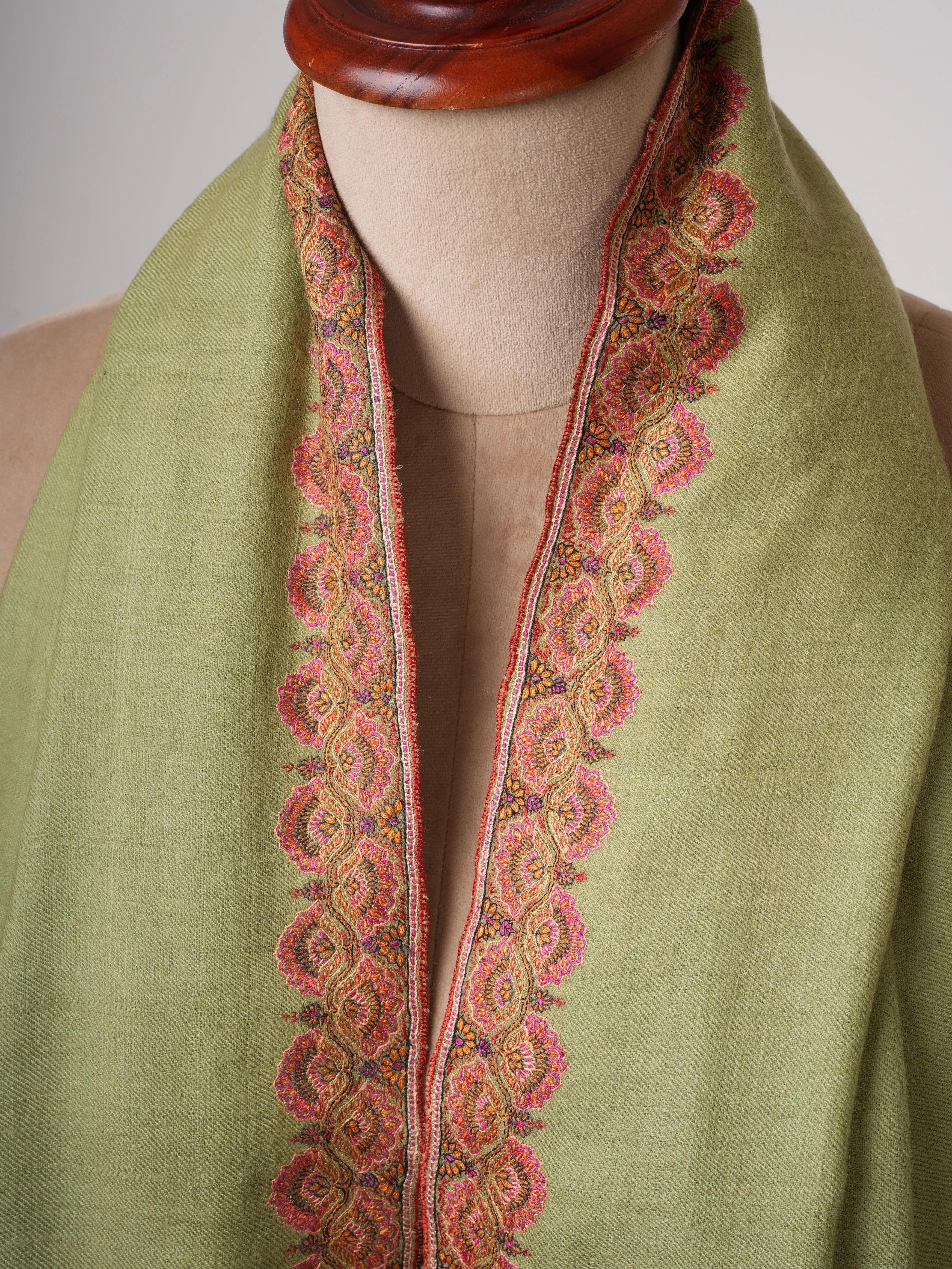 Olive Green Silken Embroidered Beautiful Cashmere Wrap - HELBYVILLE Shahkaar