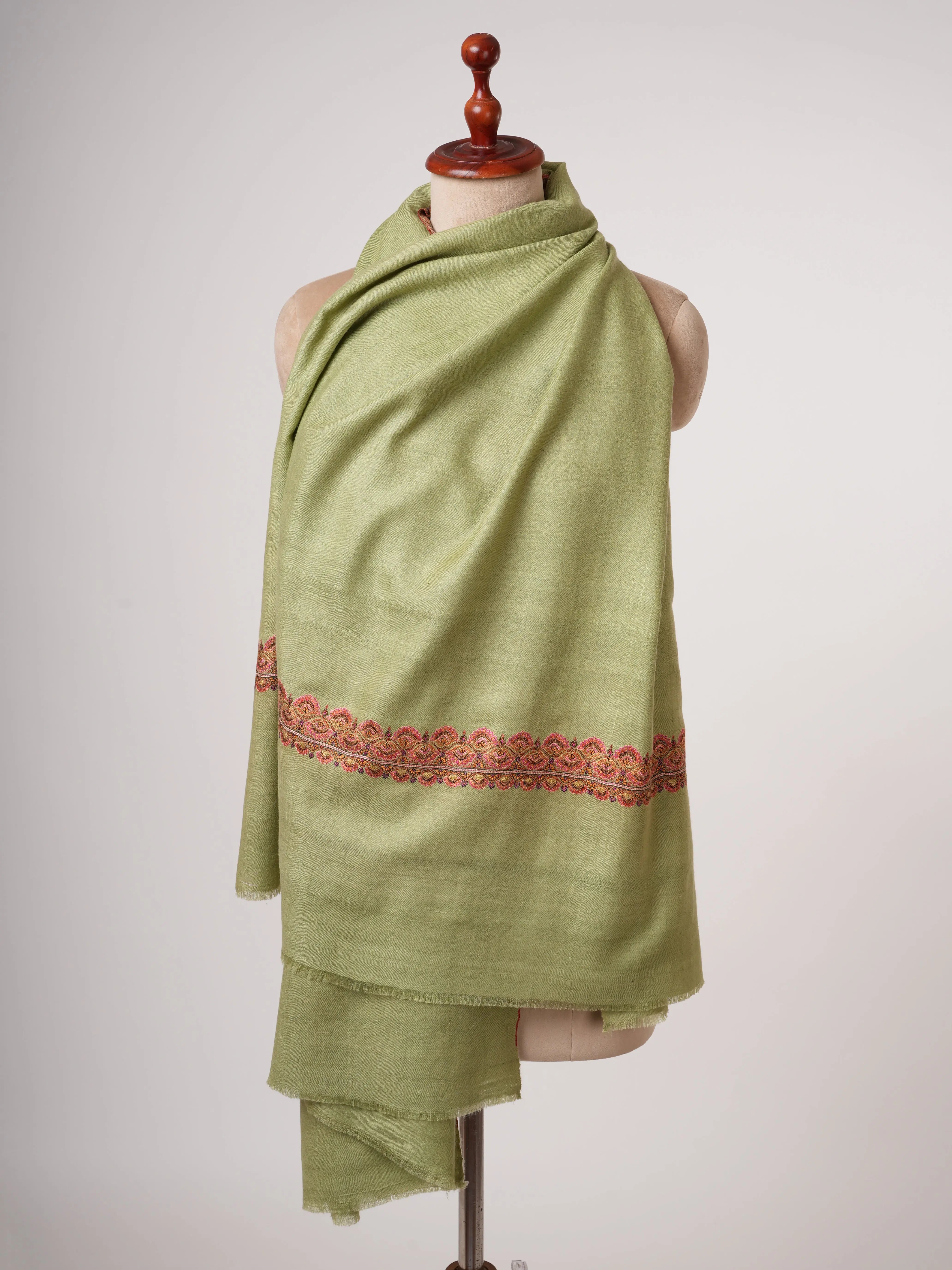 Olive Green Silken Embroidered Beautiful Cashmere Wrap - HELBYVILLE Shahkaar