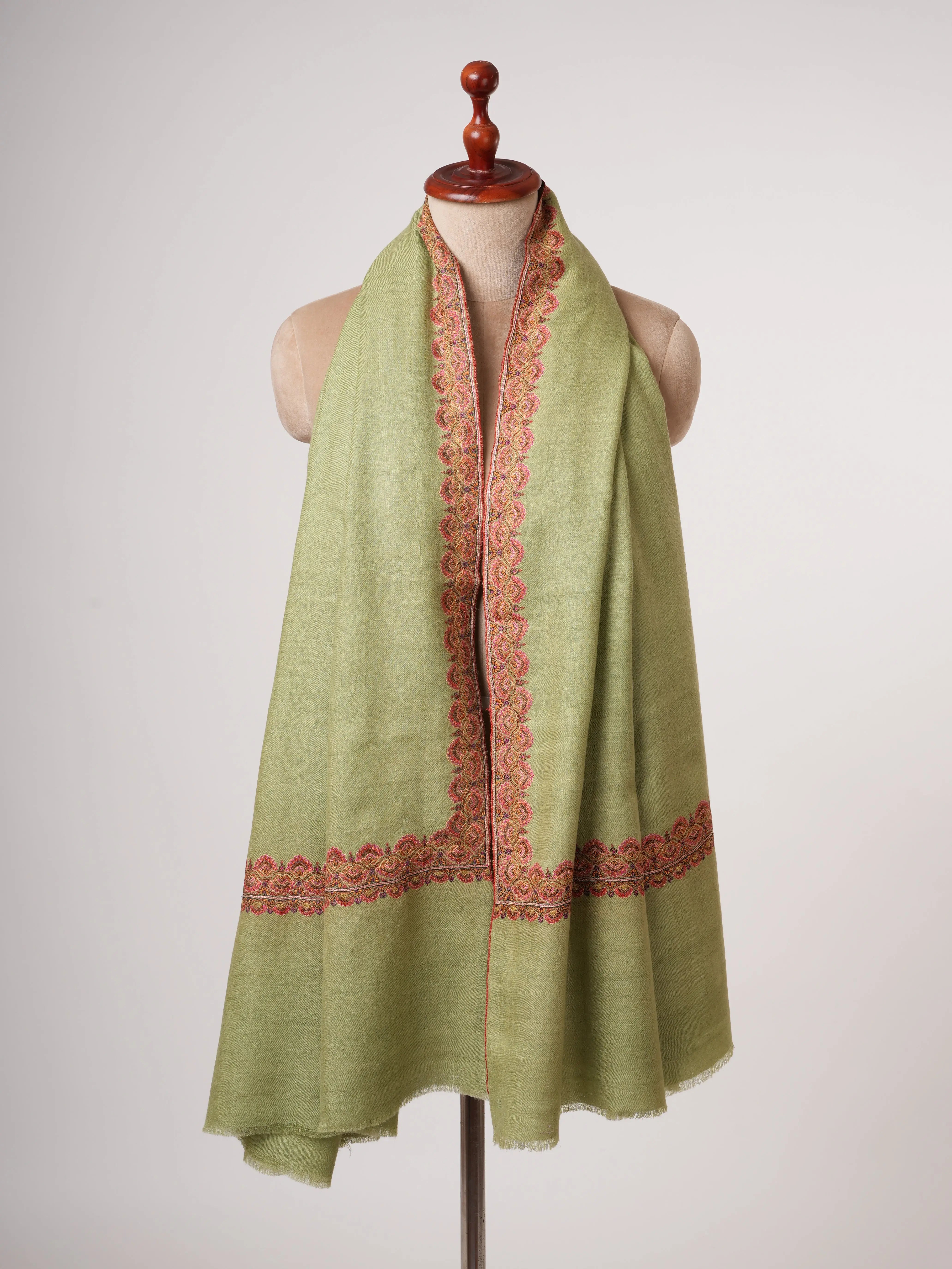 Olive Green Silken Embroidered Beautiful Cashmere Wrap - HELBYVILLE Shahkaar
