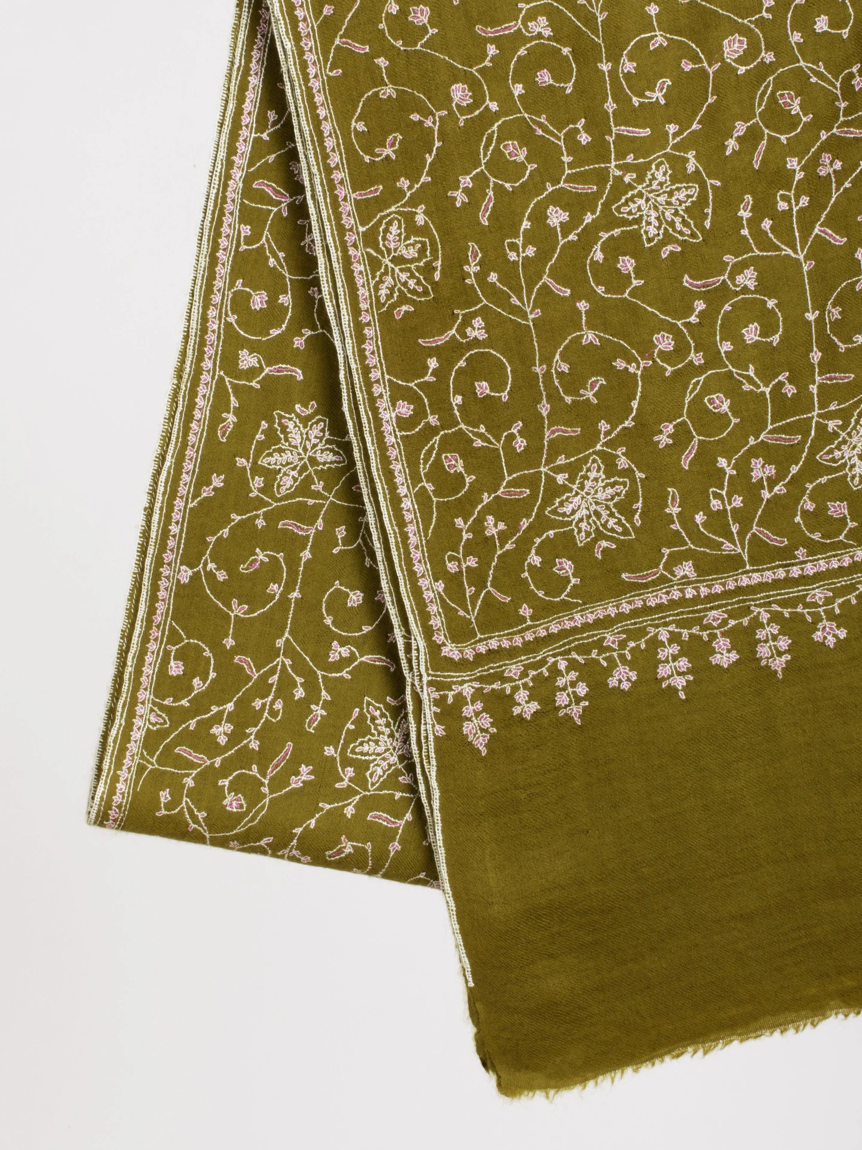 Olive Green Sozni Embroidered Cashmere Gift Scarf Shahkaar