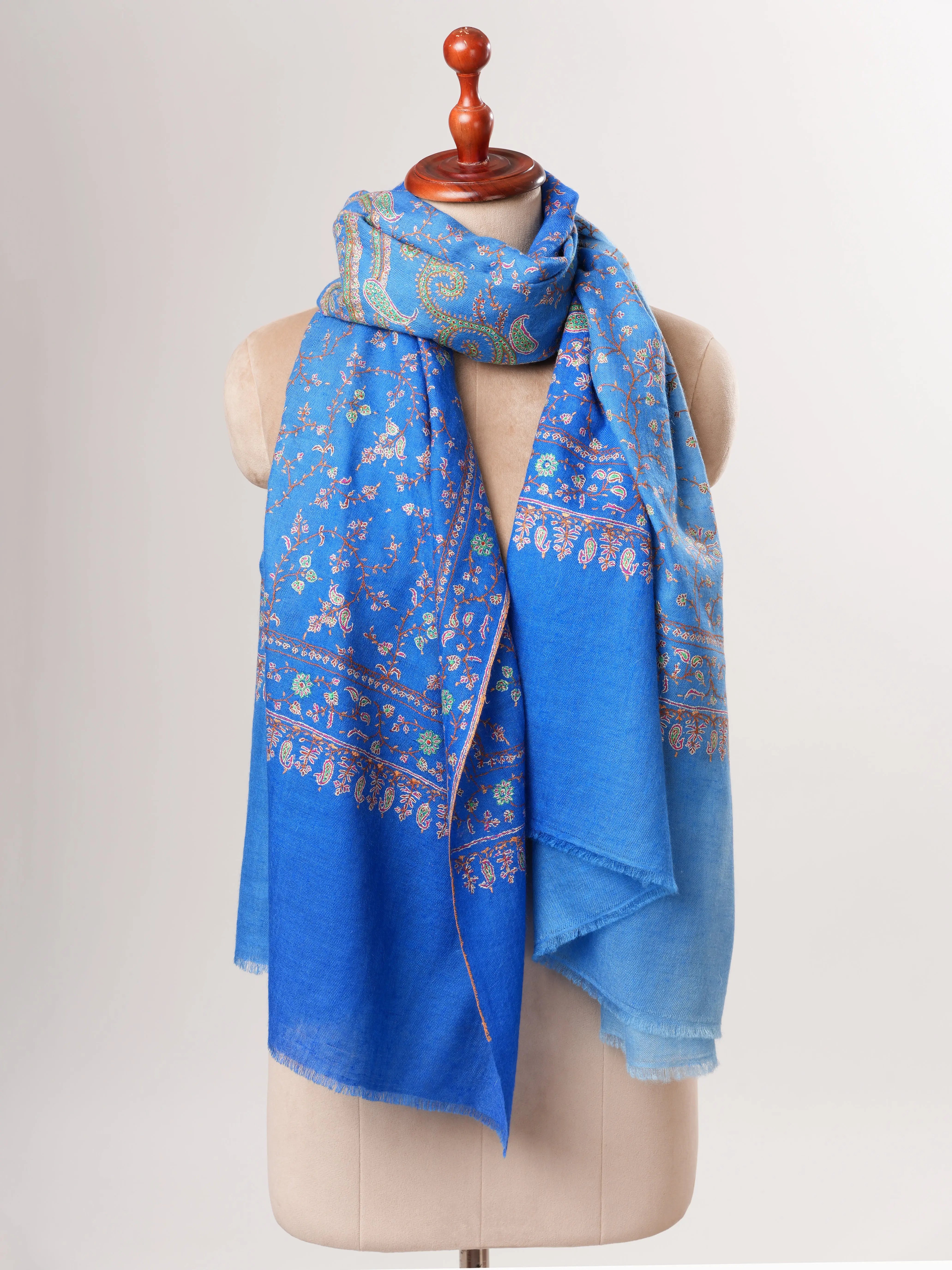 Ombre Blue Pashmina Shawl, Hand Embroided, Hand Woven, Made in Kashmir Shahkaar