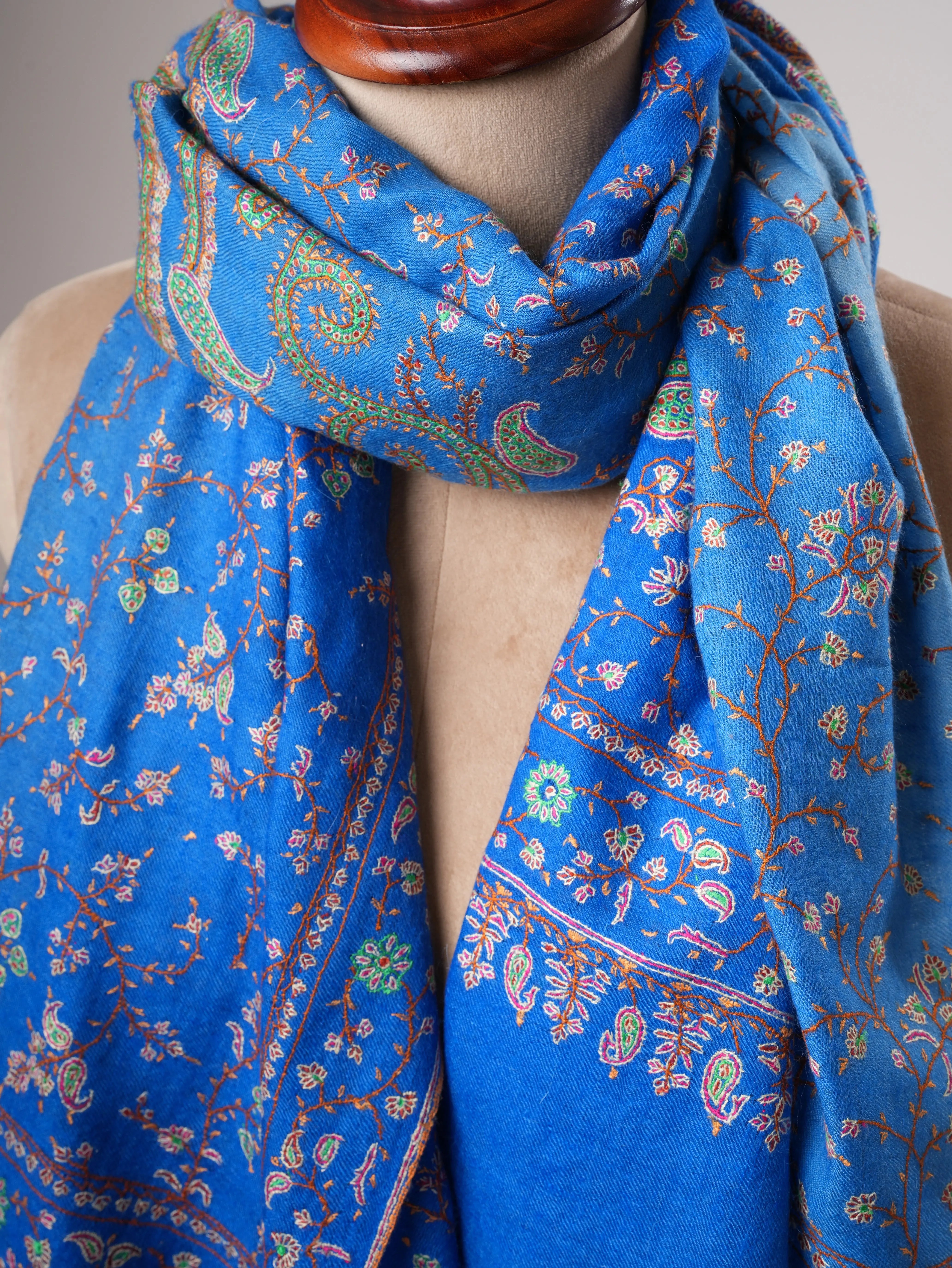 Ombre Blue Pashmina Shawl, Hand Embroided, Hand Woven, Made in Kashmir Shahkaar