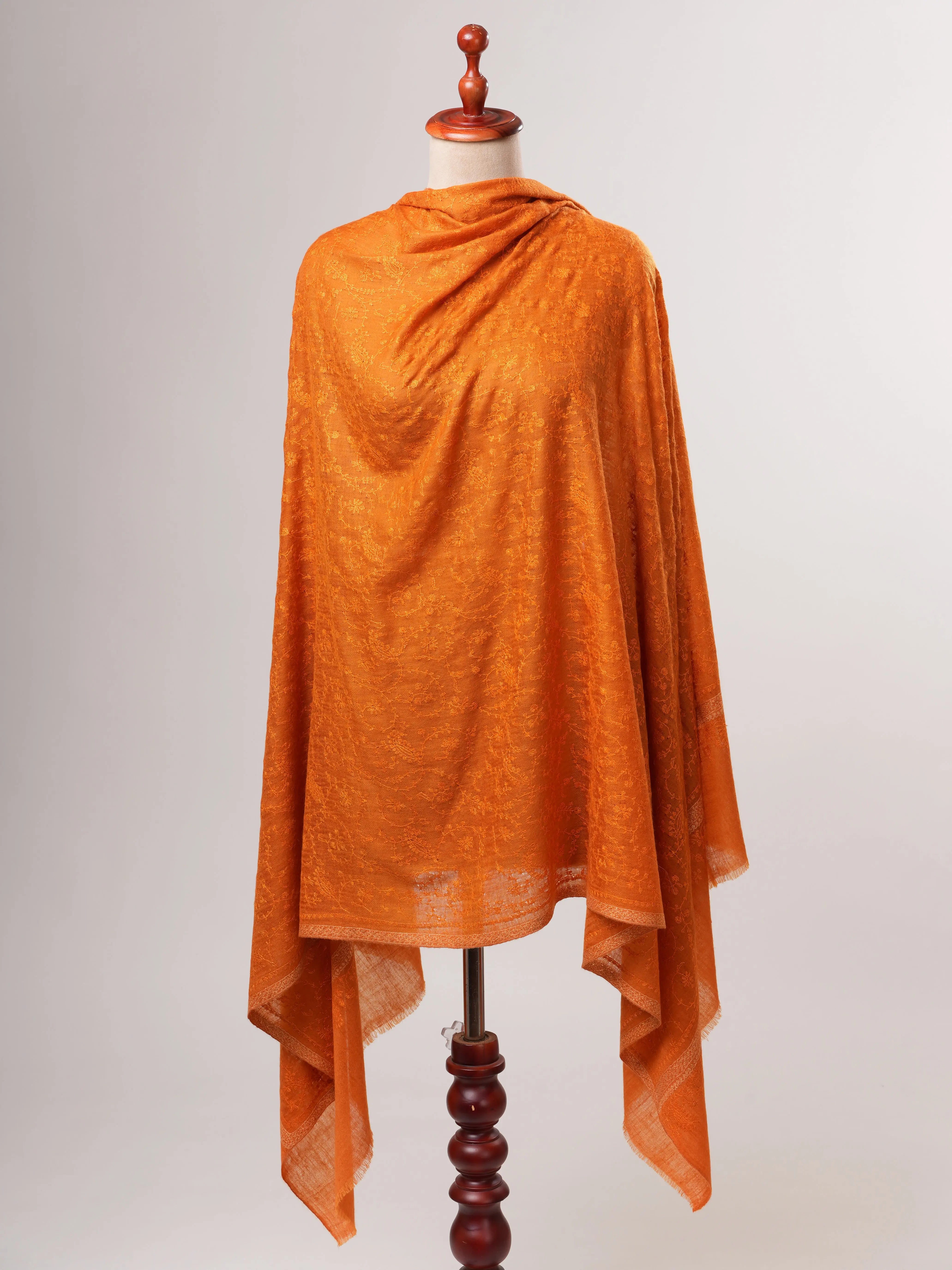 Orange Hashia With Jali Hand Embroidered Pashmina Wrap - PURBECK Shahkaar