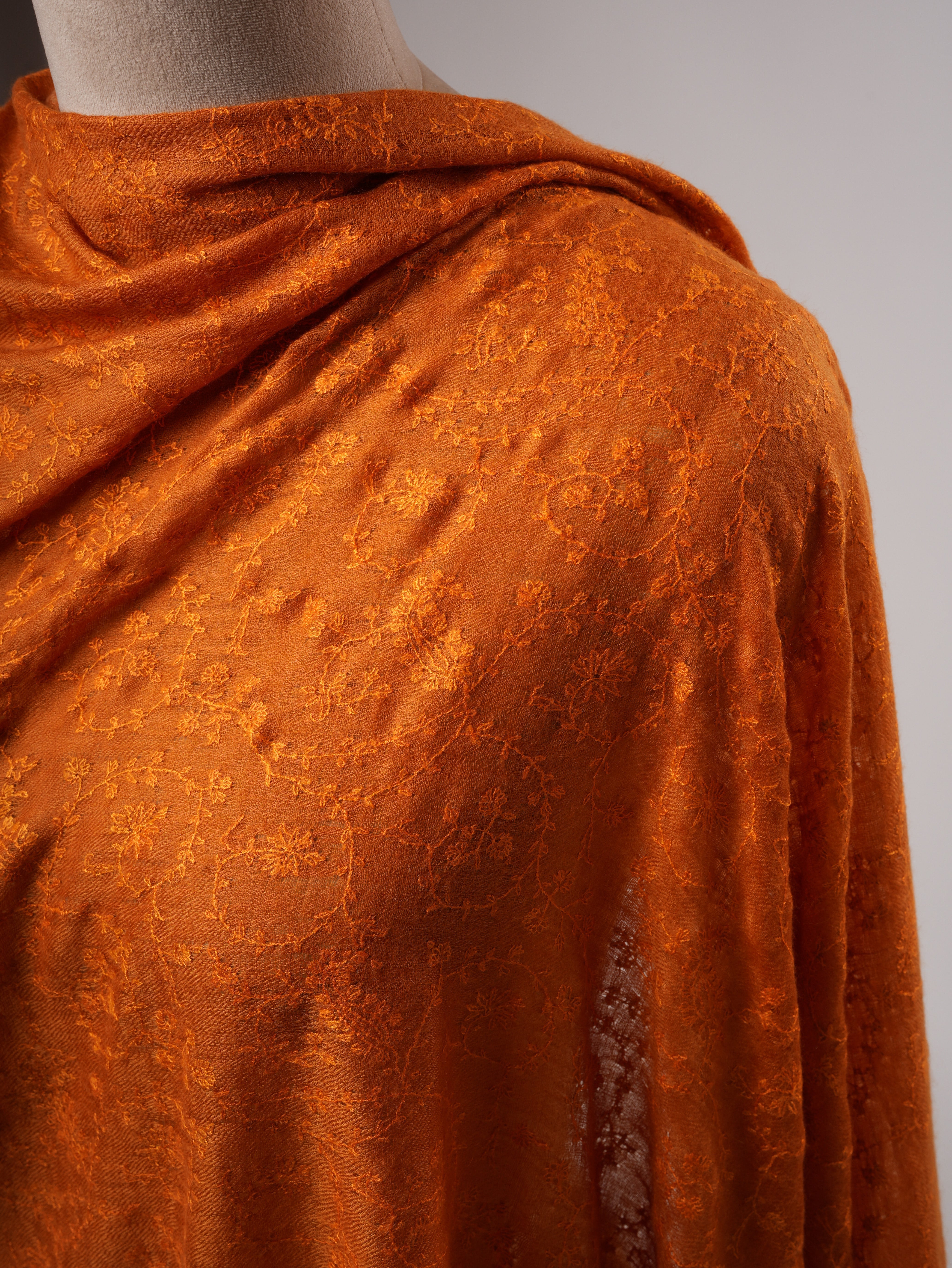 Orange Hashia With Jali Hand Embroidered Pashmina Wrap - PURBECK Shahkaar