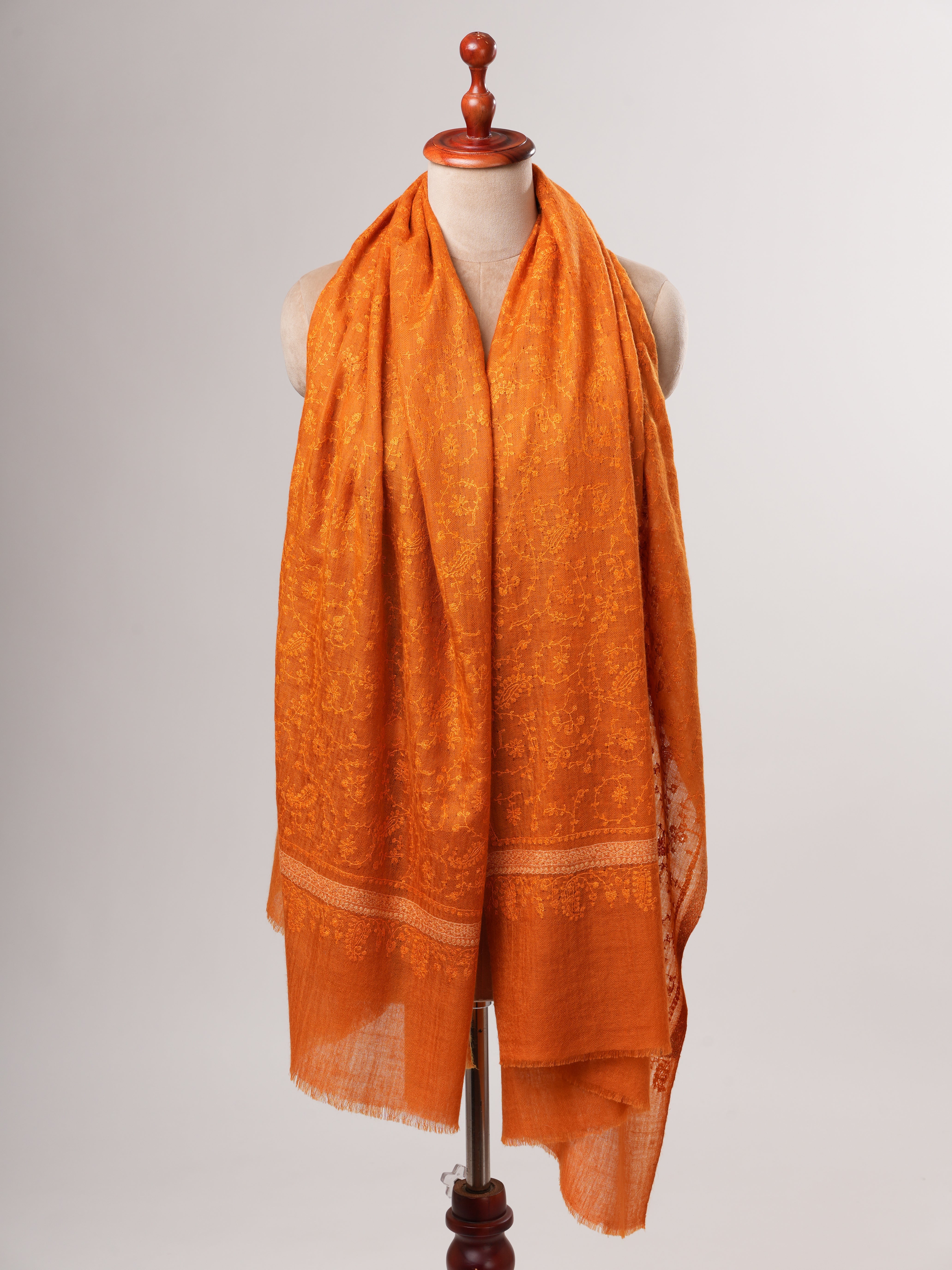 Orange Hashia With Jali Hand Embroidered Pashmina Wrap - PURBECK Shahkaar