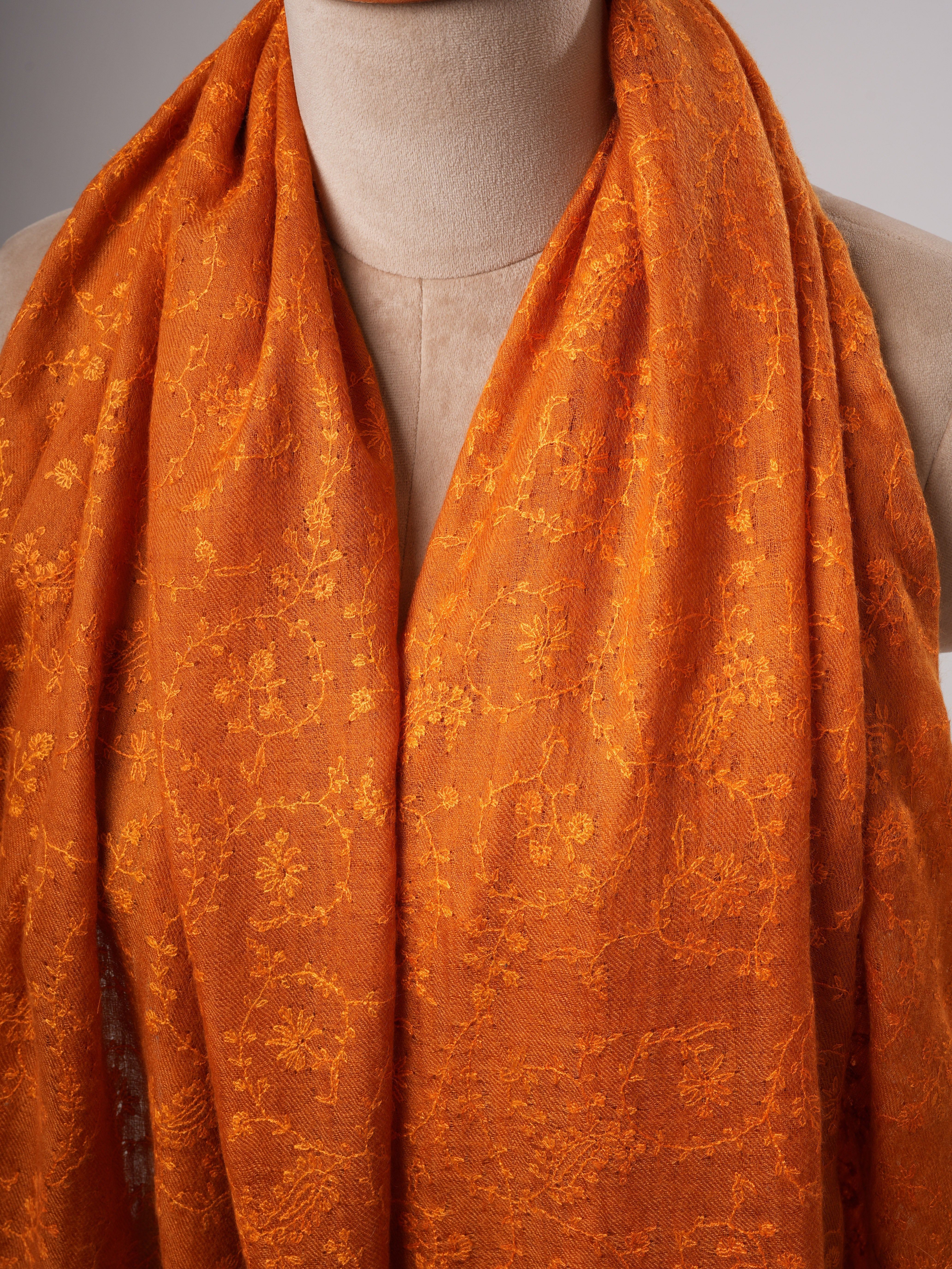 Orange Hashia With Jali Hand Embroidered Pashmina Wrap - PURBECK Shahkaar