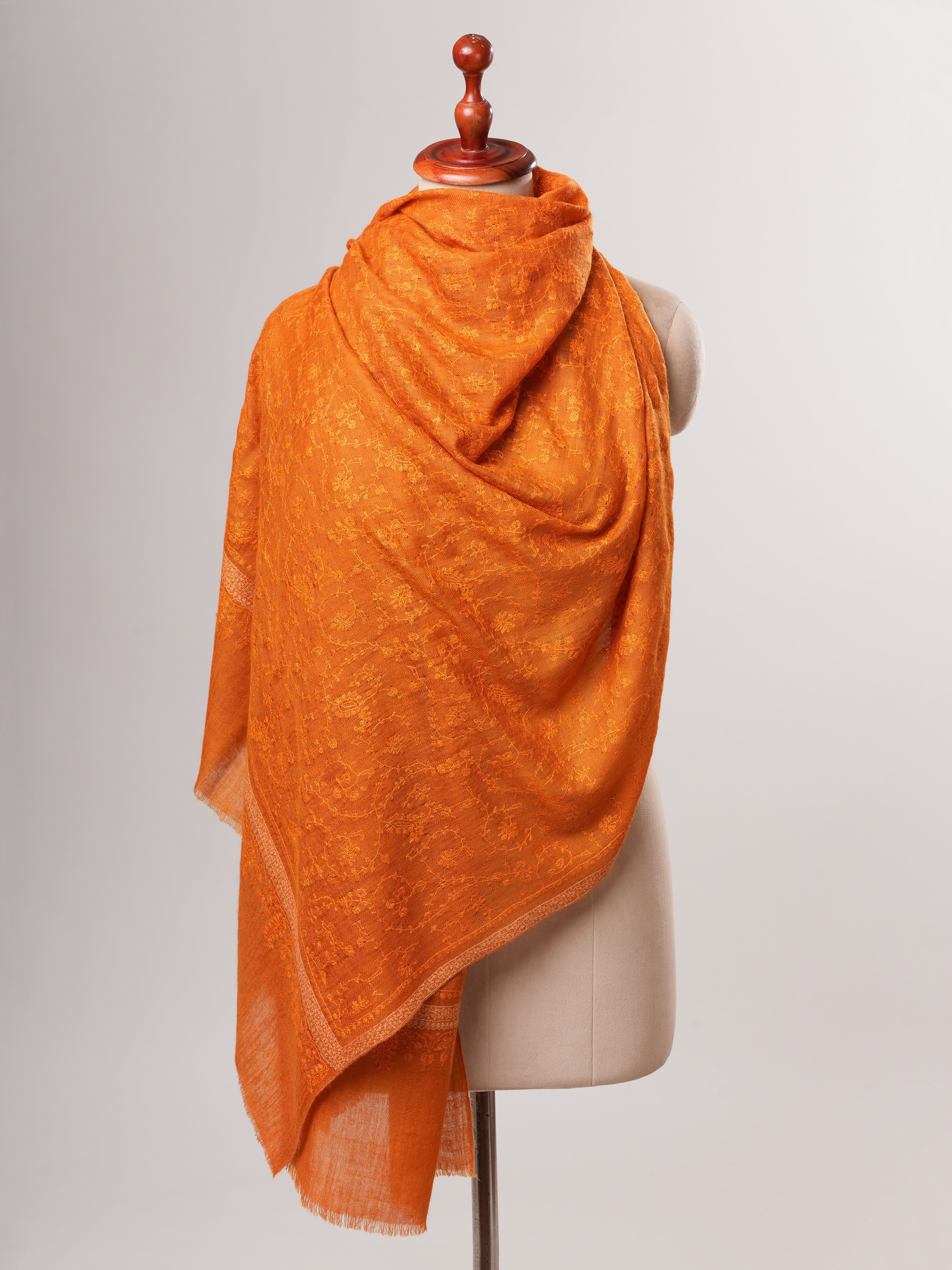 Orange Hashia With Jali Hand Embroidered Pashmina Wrap - PURBECK Shahkaar