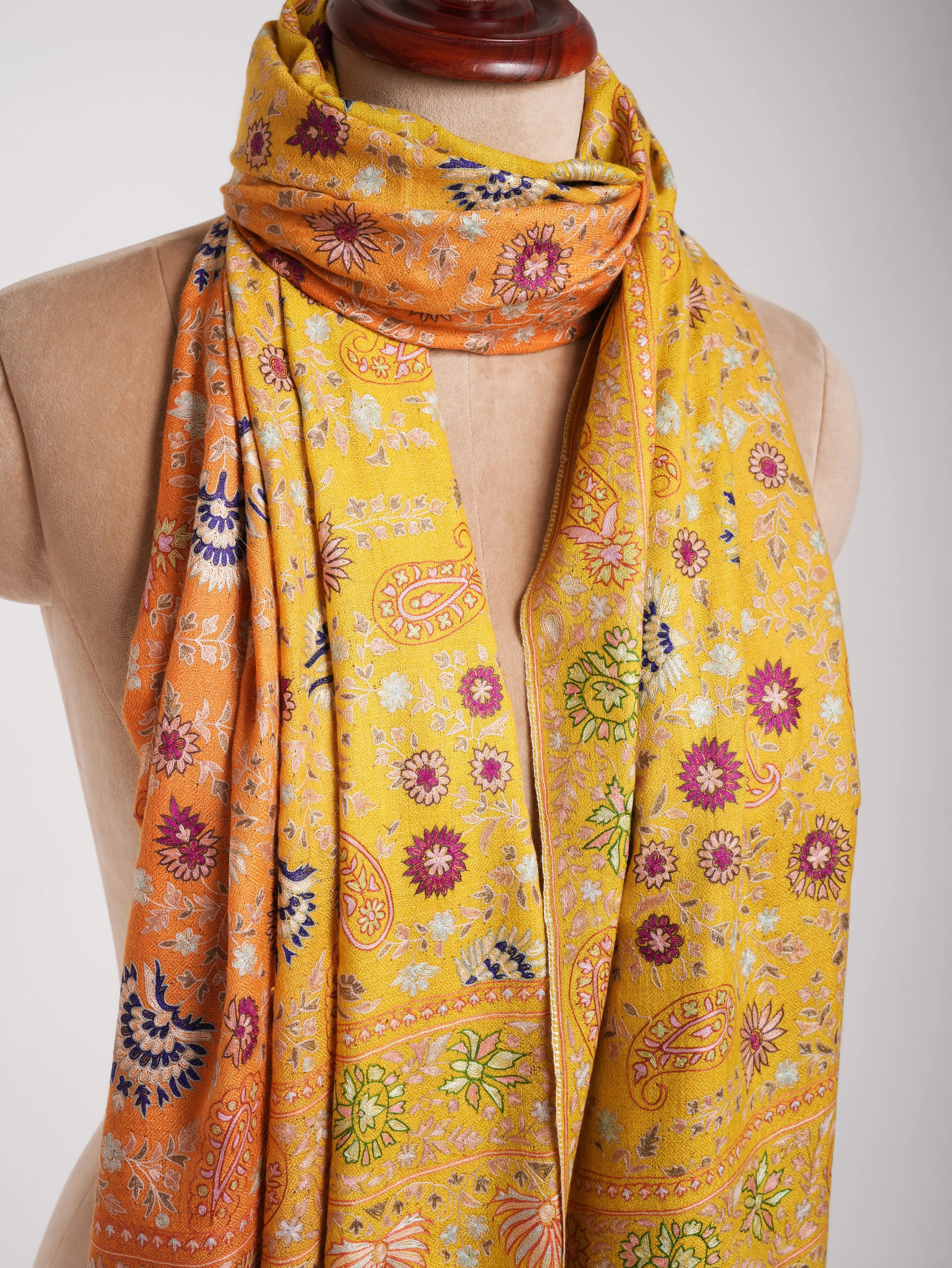 Orange and Yellow Embroidered Indian Cashmere Pashmina Shawl Shahkaar