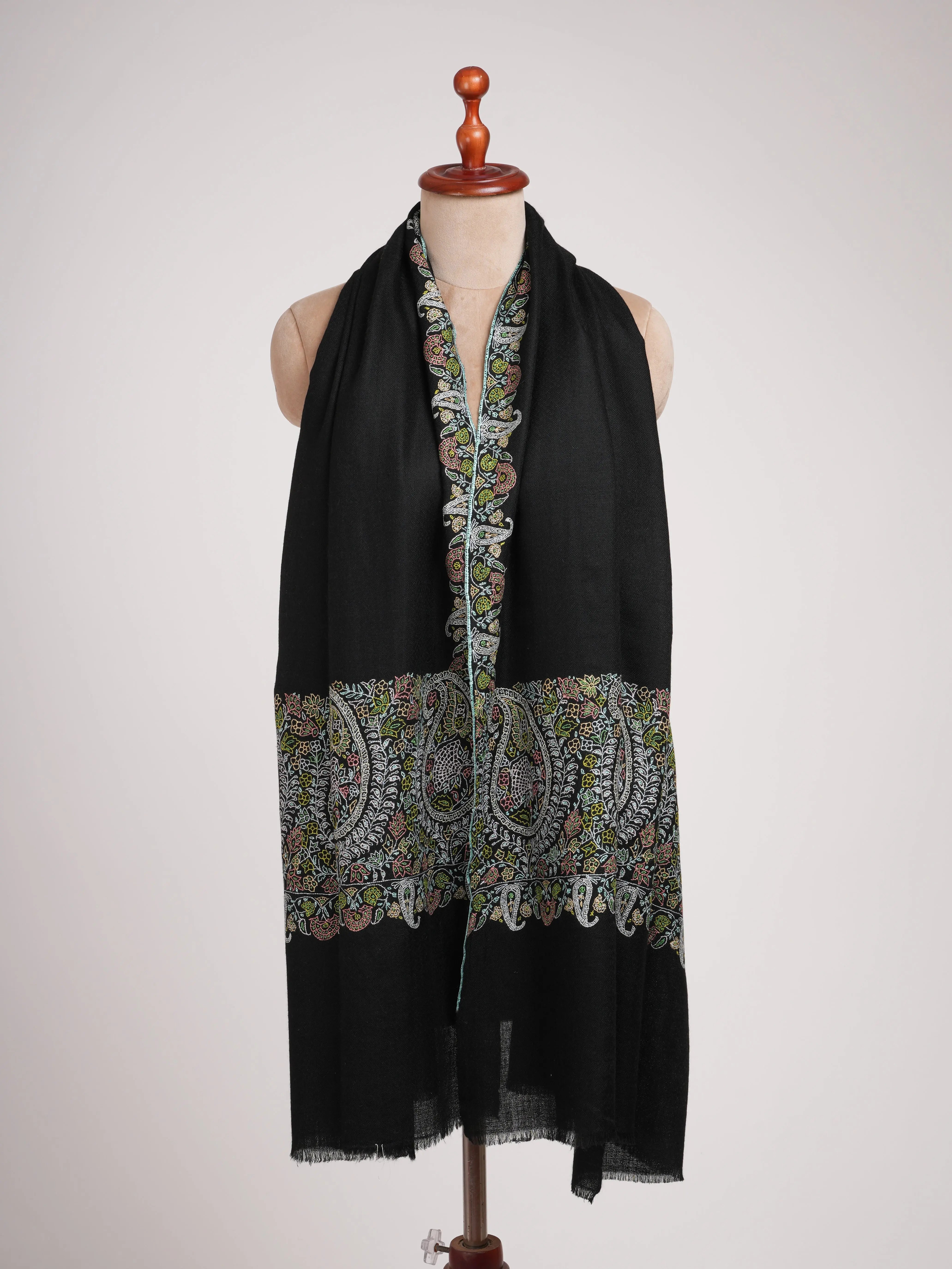 Palla Embroidered Jet black Pashmina Shawl Shahkaar