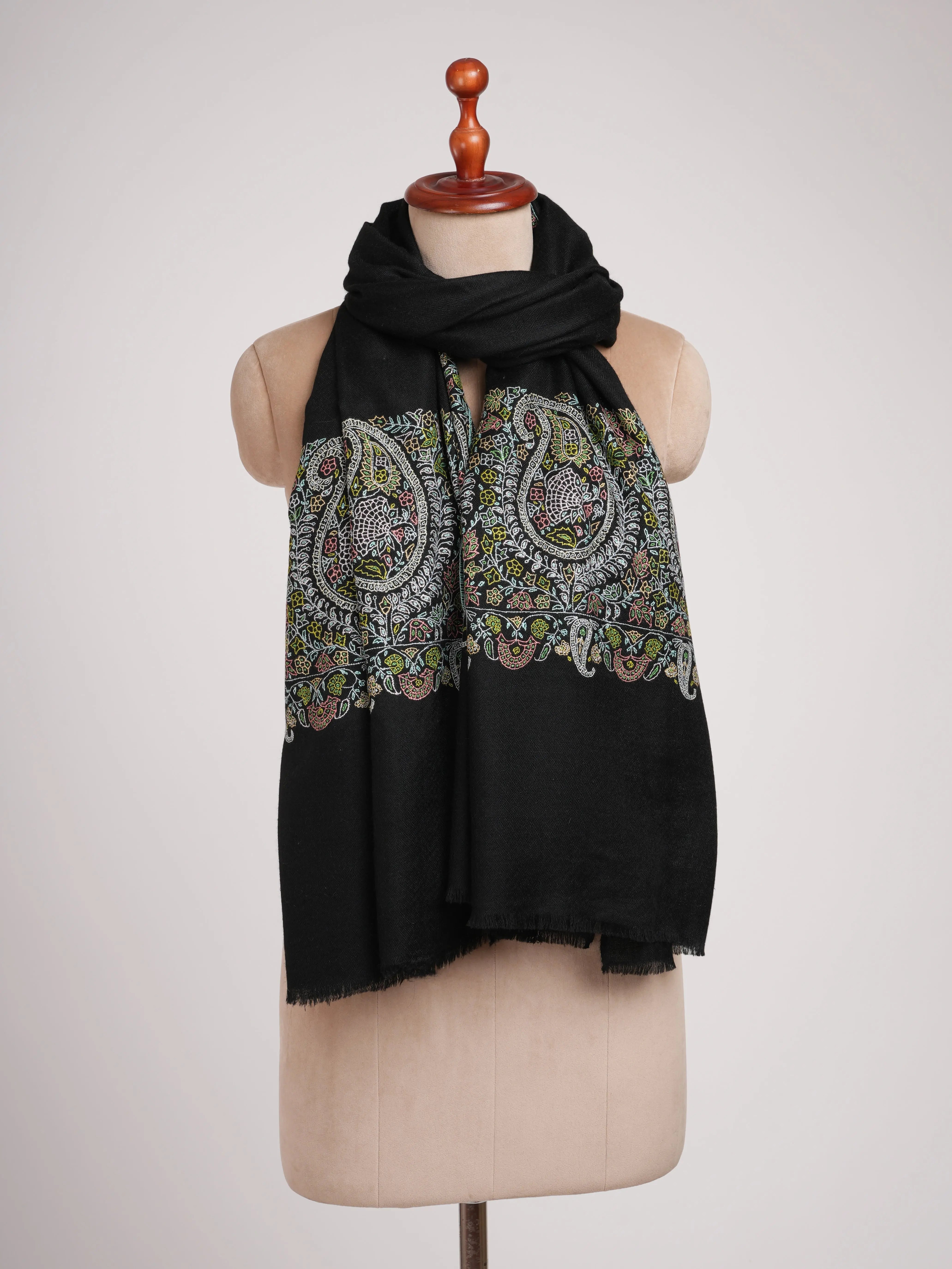 Palla Embroidered Jet black Pashmina Shawl Shahkaar