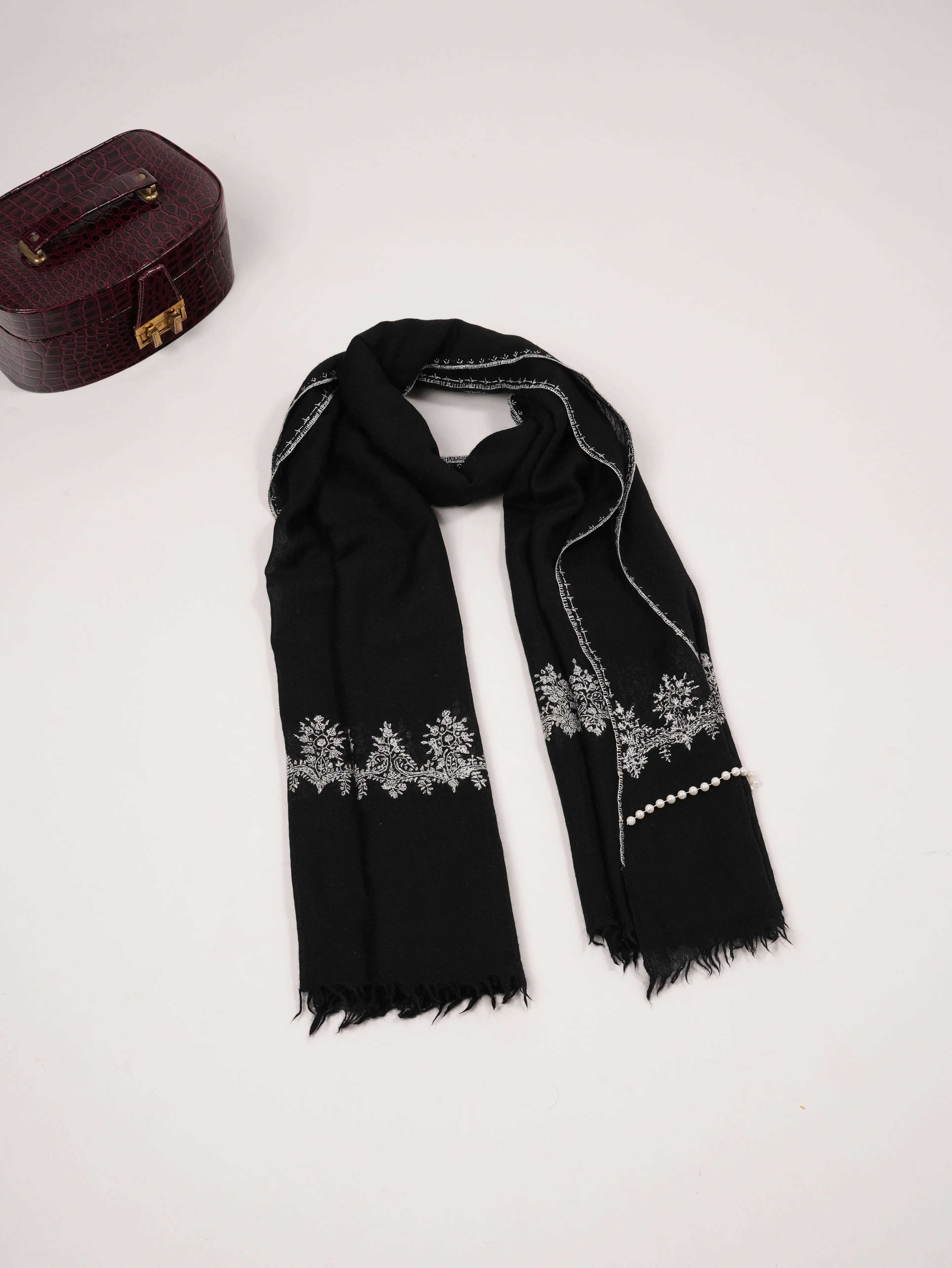 Palldar Black Pure Boiled Wool Shawl with Sozni Hand Embroidery Shahkaar.com