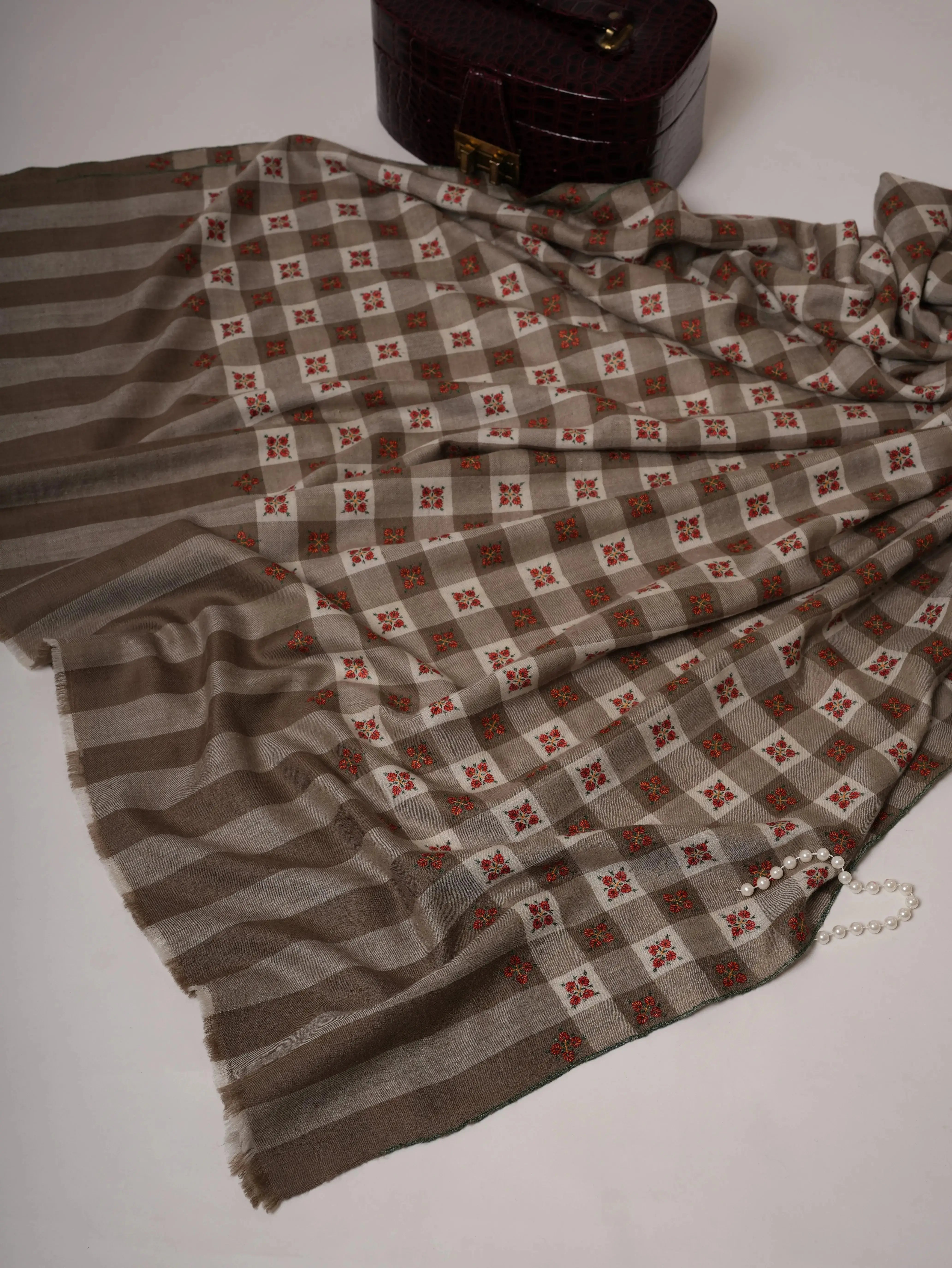 Pashmina Shawl in Natural White and Grey Check Tone with Buteh Embroidery Shahkaar