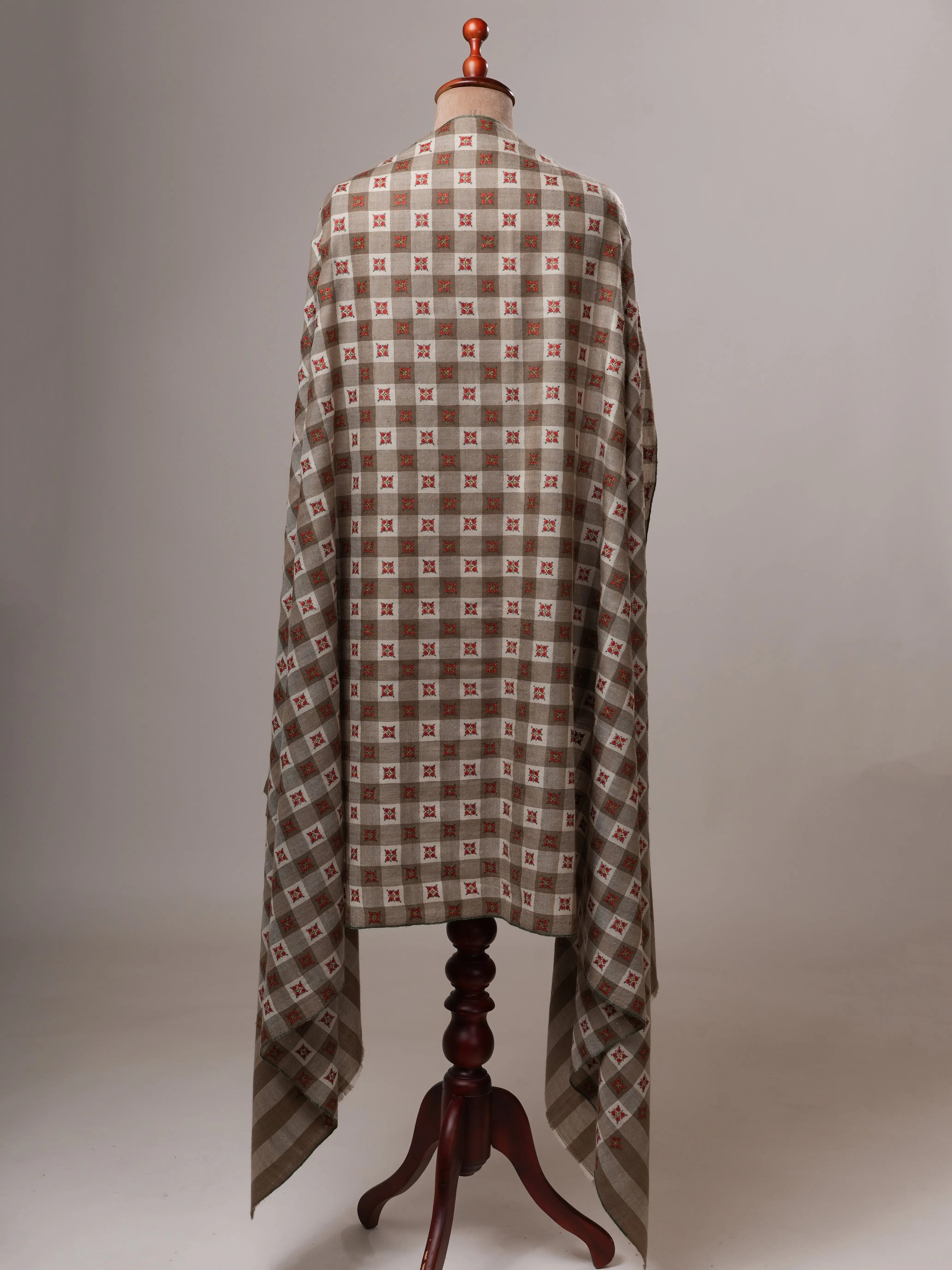 Pashmina Shawl in Natural White and Grey Check Tone with Buteh Embroidery Shahkaar