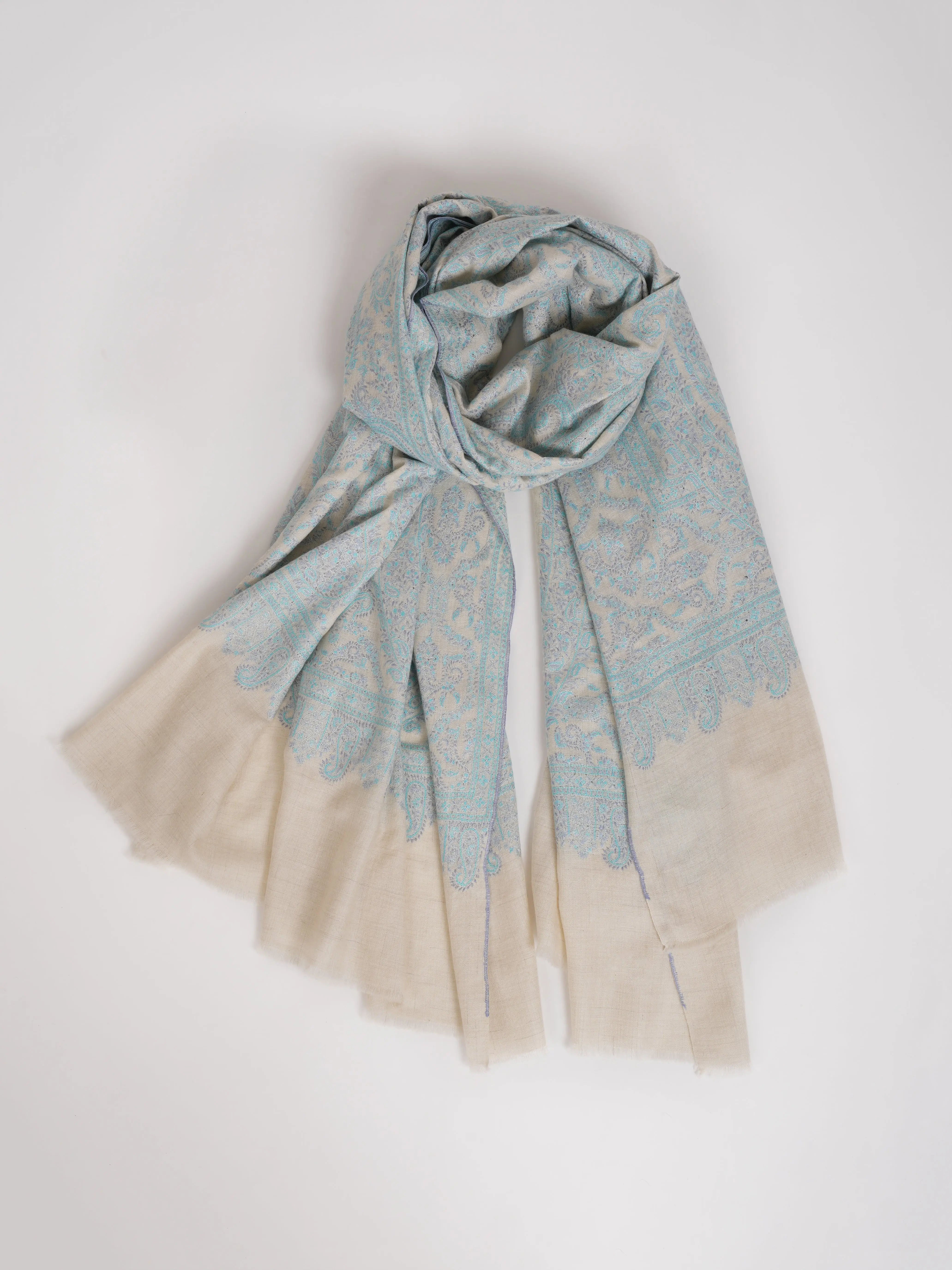 Pastel Blue Embroidered Indian Pashmina Jamavar Shawl Shahkaar