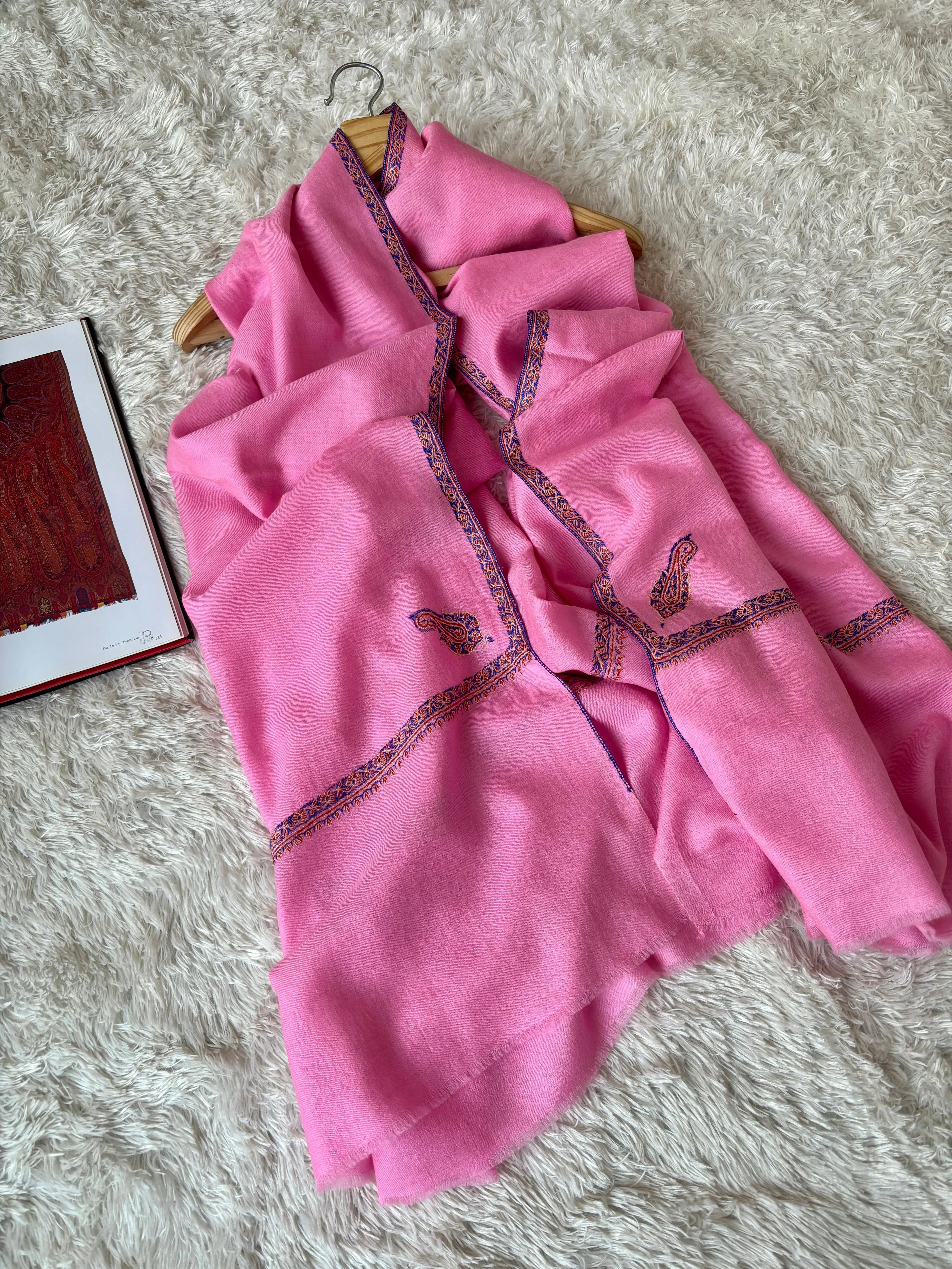 Pink Hand Embroidered Baildar Cashmere Pashmina Wrap - HIRWAUN Shahkaar