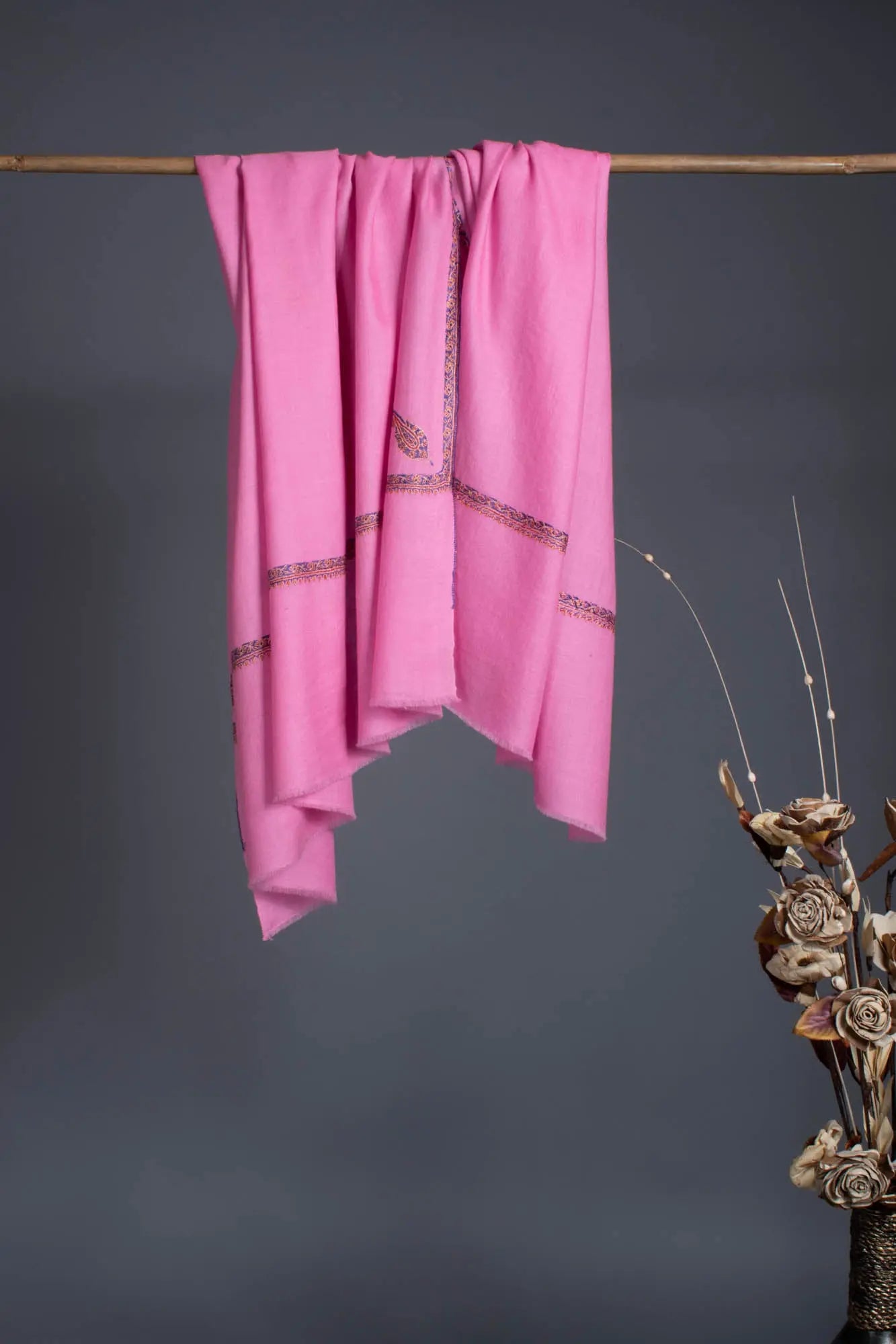 Pink Hand Embroidered Baildar Cashmere Pashmina Wrap - HIRWAUN Shahkaar