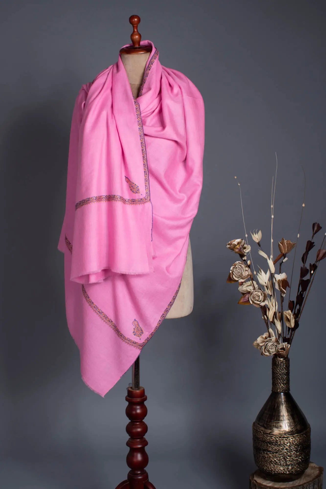 Pink Hand Embroidered Baildar Cashmere Pashmina Wrap - HIRWAUN Shahkaar