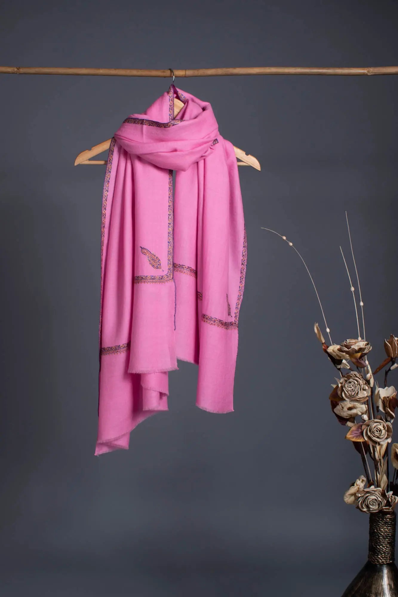 Pink Hand Embroidered Baildar Cashmere Pashmina Wrap - HIRWAUN Shahkaar