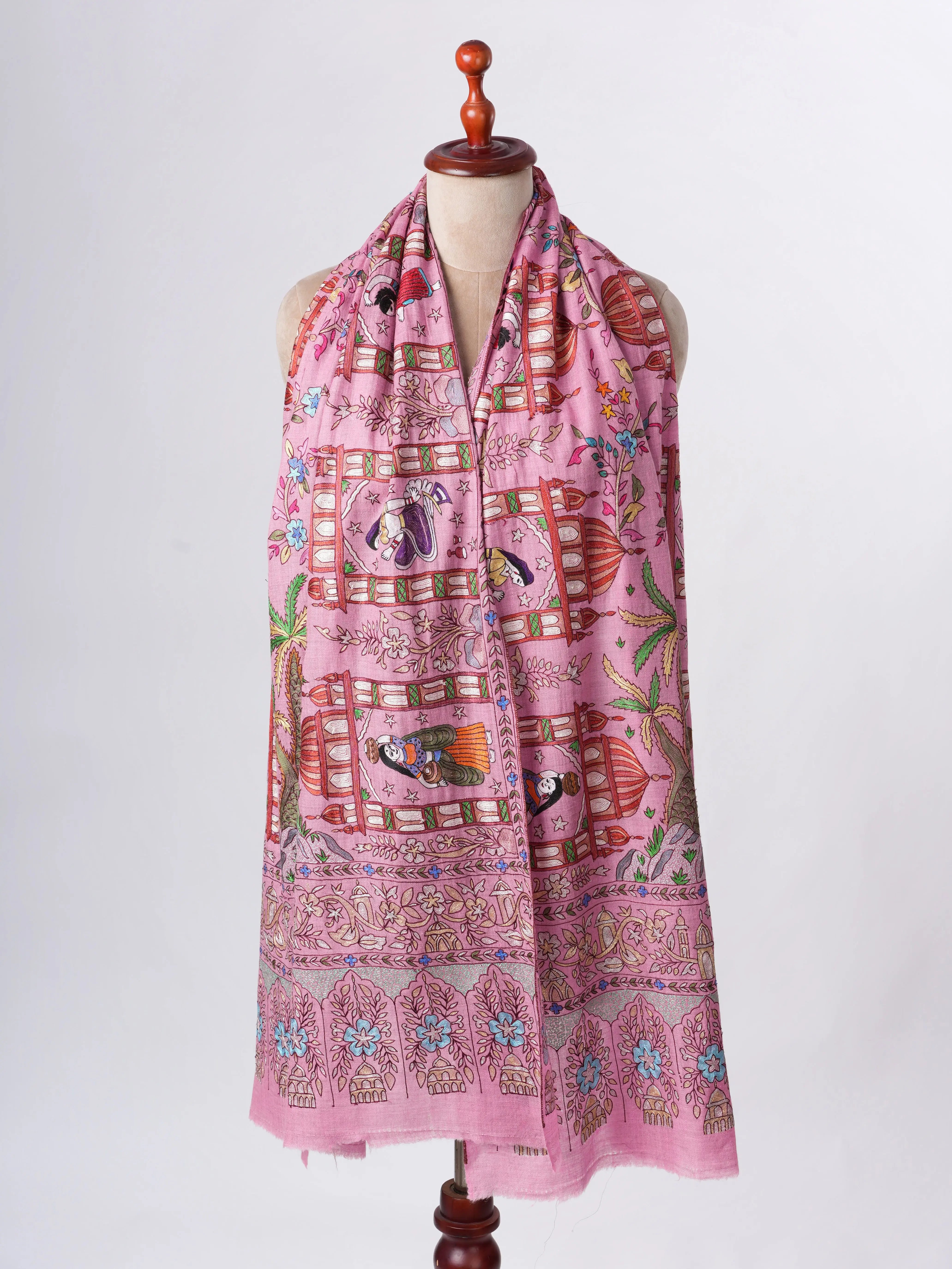 Pink Hand Embroidered Cashmere Scarf – Art Silk Zari Detailing Shahkaar